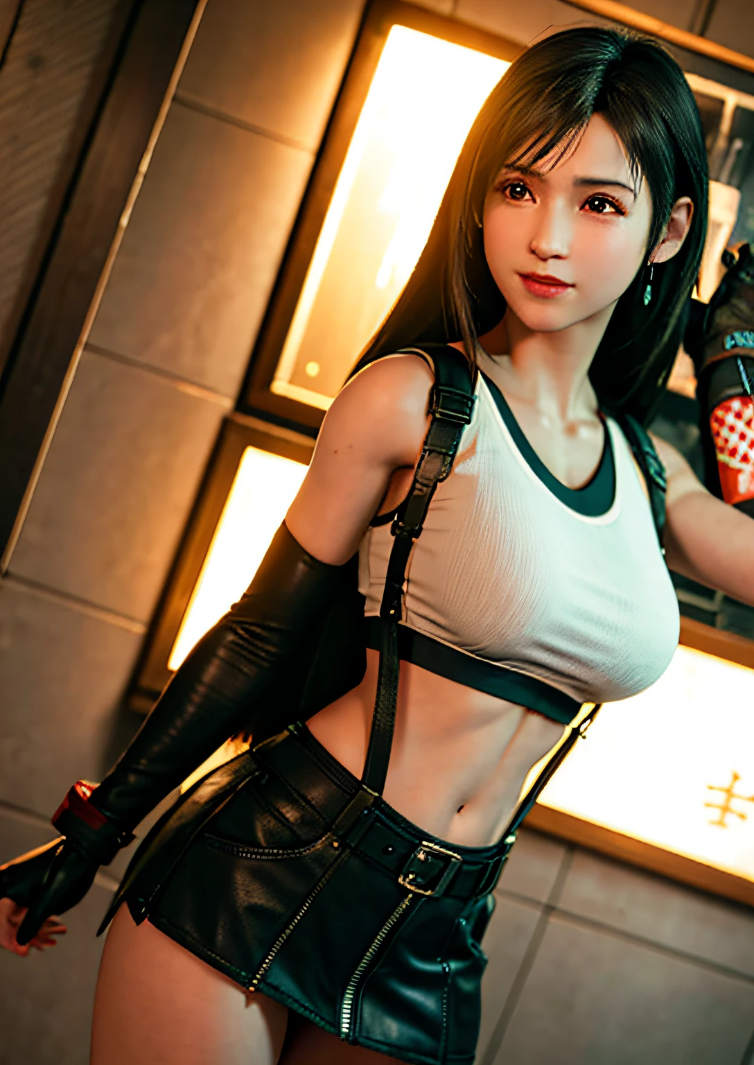 (Photorealistic: 1.4), top quality, very delicate and beautiful, high resolution, 1girl, tifa_lockhart, smile, cowboy shot, suspenders, low rise, mini skirt, tank top, tense shirt, black hair, long hair, elbow gloves, beautiful detailed red eyes, face light, movie lighting, navel, high exposure, abdomen exposure, ribs, abs, ( gigantic breasts: 1.2), dynamic poses, dynamic angles,