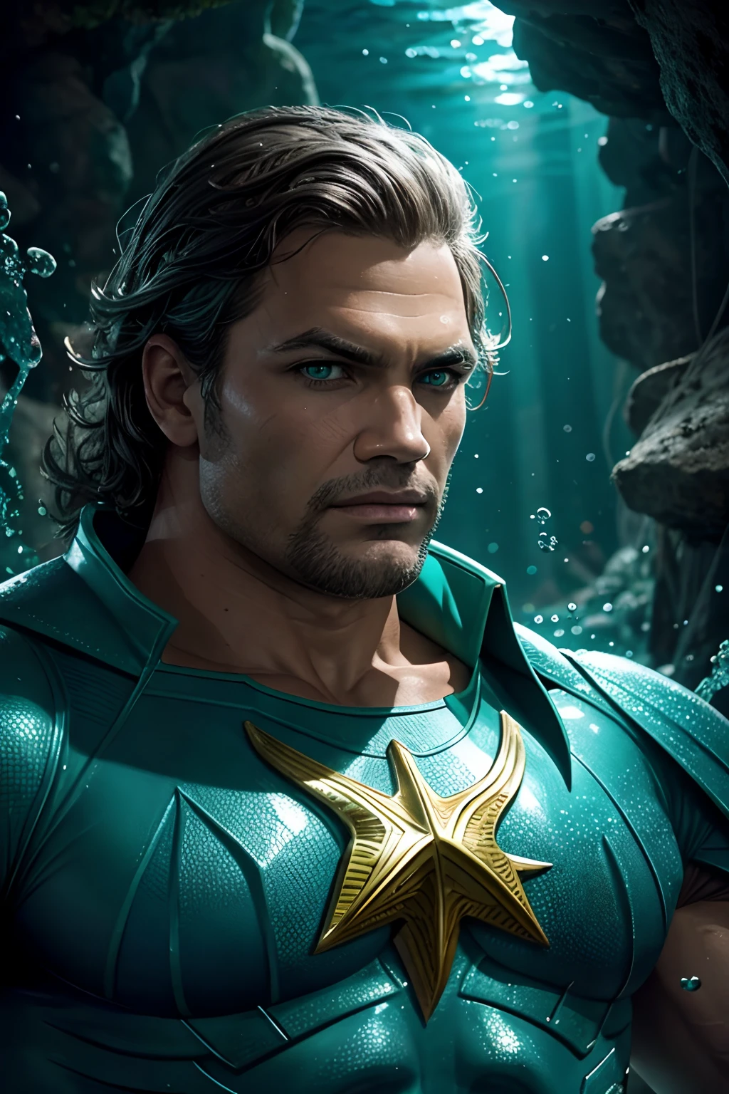 [Aquaman Brasileiro], [digital illustation], [Estilo heroico], [Carlos ArteHeroica], [art-station], [High definition to highlight the connection to the ocean], [vibrant and aquatic colors], [Underwater lighting], [Lente de close-up para mostrar detalhes do traje]