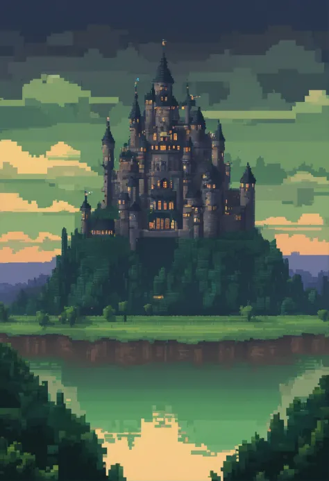 Gigantic anorlondor style castle, black color with dark gray details, prismatic windows, at dusk, floating castle, over an immense green valley with a beautiful river, 4K HD |, high definition