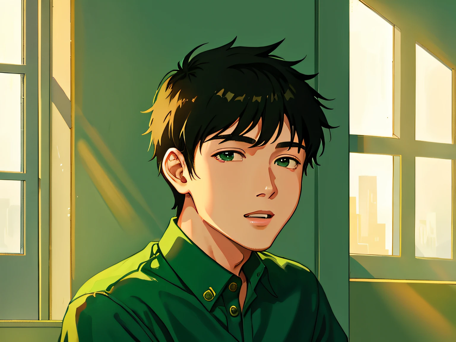 Anime boy in green shirt looking at camera with sun shining through window  - SeaArt AI