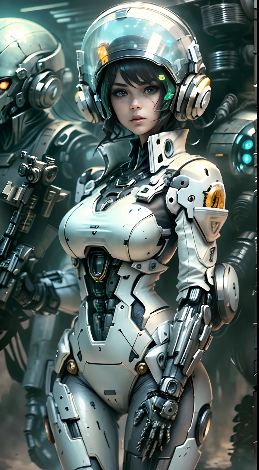 1 girl White Hair Soldier style gun in the background, Girl in White Mech, Cyberpunk anime mecha girl, Wearing sci-fi military armor, Beautiful black cyborg girl, Cyborg - Silver Girl, Me negro de Fira, Eco the Overwatch, Perfect anime cyborg woman, blue pupils, Five fingers, CGhSociety inspired battlefield, alien planet, Alien battle,