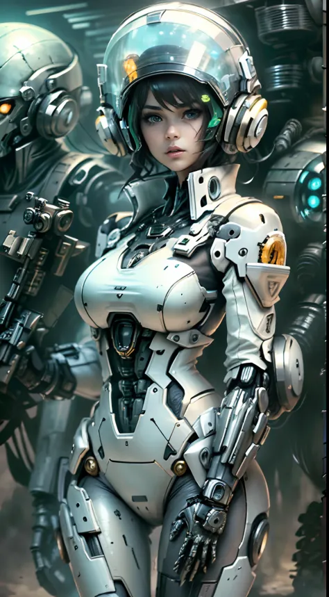 1 chica Cabello Blanco Soldado estilo pistola en el fondo, Chica en Mech Blanco, Cyberpunk anime chica mecha, Wearing sci-fi mil...