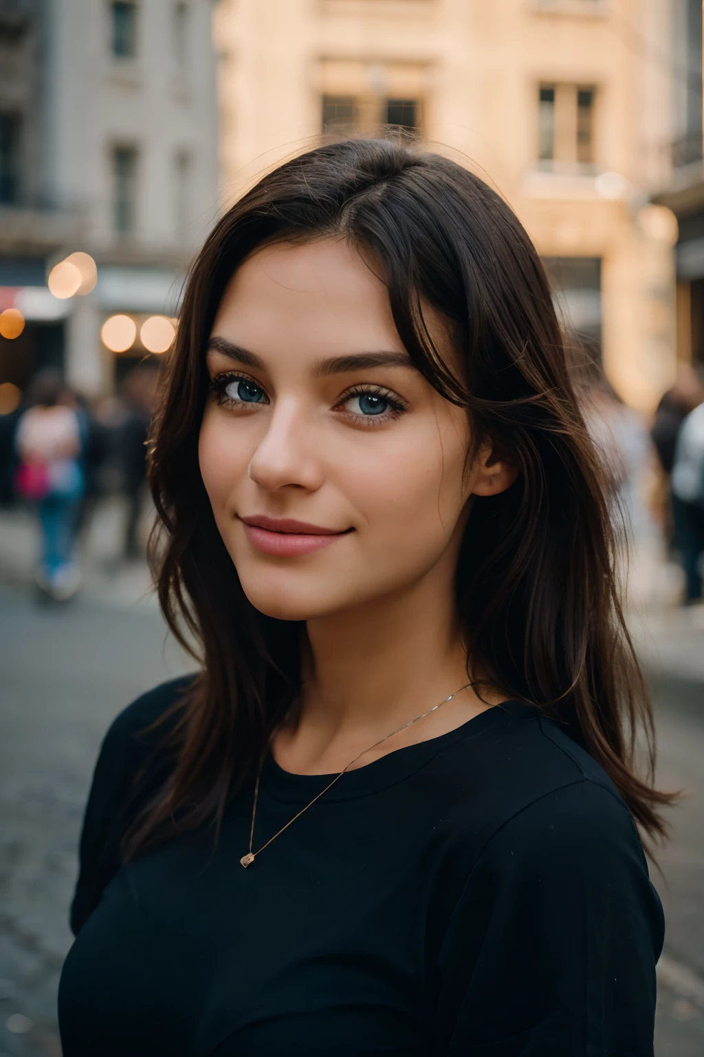 /imaginar pronto: 150 linda hermosa morena vestida con una camiseta negra y jeans (parado en la calle), Muy detallado, 21 años, cara inocente, cabello ondulado natural, blue eyes, alta resolución, Obra maestra, mejor calidad, detalles intrincados, muy detallado, enfoque nítido, piel detallada, Realista skin textura, textura, ojos detallados, profesional, 4k, sonrisa encantadora, disparado en Canon, 85mm,poca profundidad de campo, color de visión kodak, cuerpo en forma perfecta, extremadamente detallado, foto_\(ultra\), fotoRealista, Realista, Postprocesamiento, detalle máximo, aspereza, vida real, ultra Realista, fotorealism, fotography, 8k hd, fotography (grano de la película) plano medio a primer plano feliz sonriente iluminación oscura atmosférica