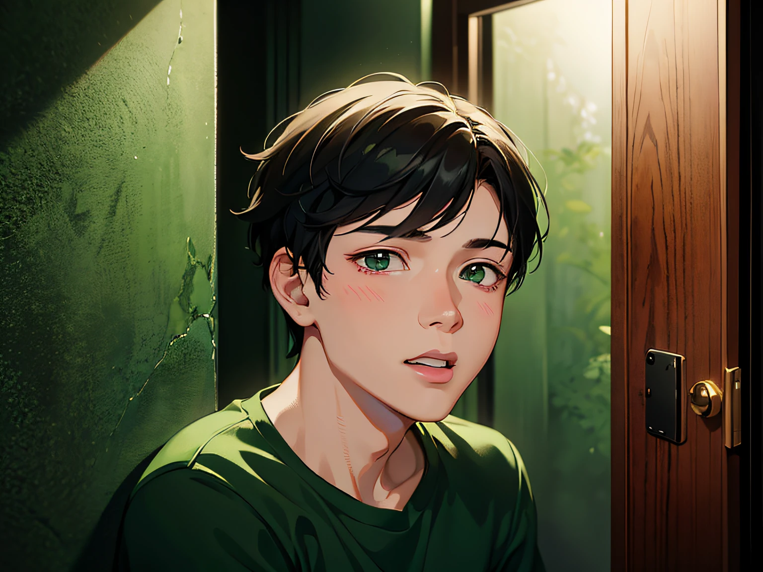 Anime boy with green eyes staring out of a window - SeaArt AI