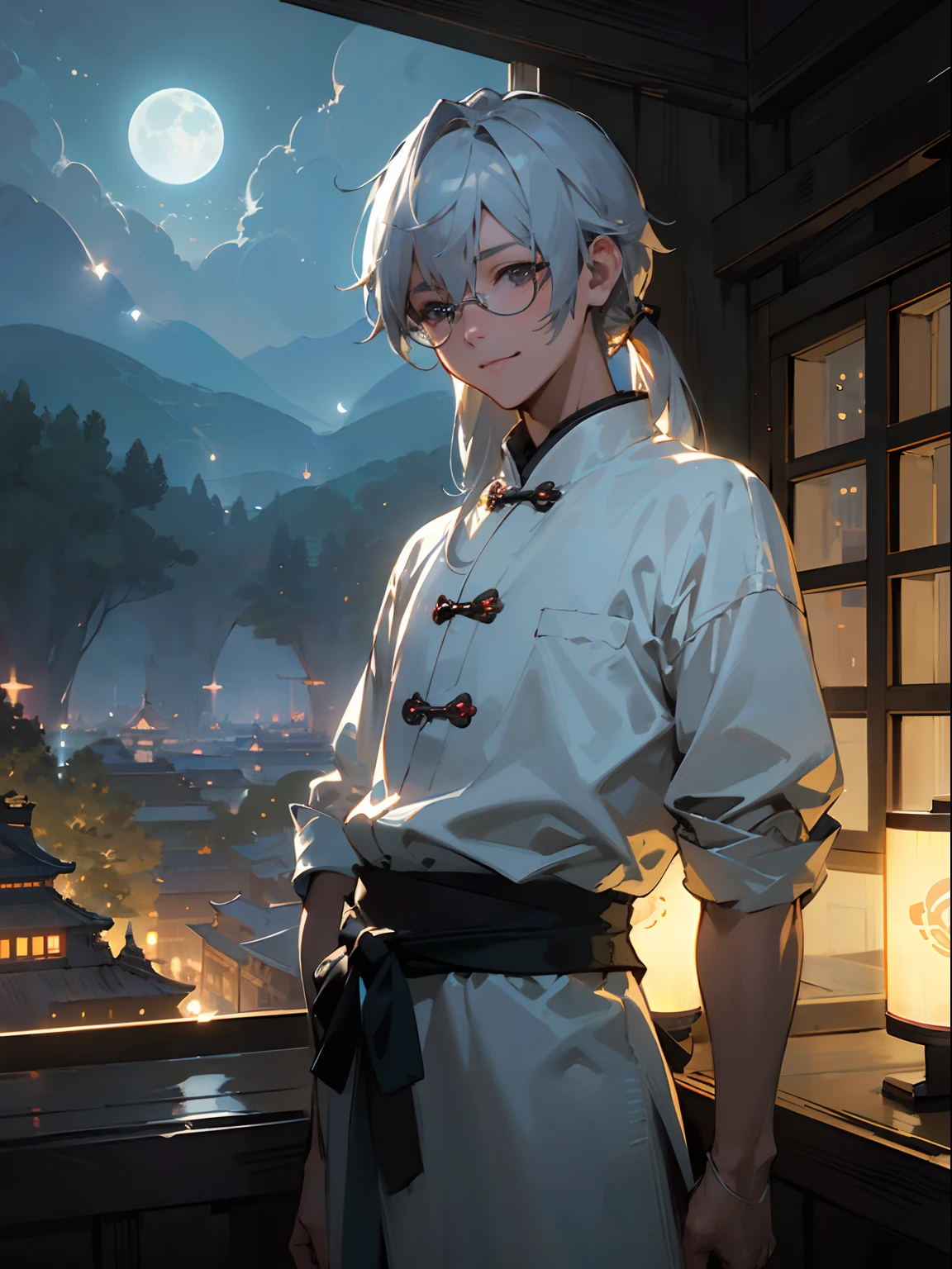 (Male child, eye glasses,Cowboy Shots,A smile, silber hair),(((​masterpiece)))、(((top-quality)))、((ultra-definition))、(High Definition CG Illustration)、((extremely delicate and beautiful))、Official Art、Ancient China、Ancient cityscape、（Lots of fireflies）、（natta）、（a moon）、A light、Beautiful Landscapes、Epic Landscapes、Realistic Light、​masterpiece、hightquality、graphics beautiful、high détails、globalillumination、Unreal Engine Rendering、octan render、（HDR：1.3）