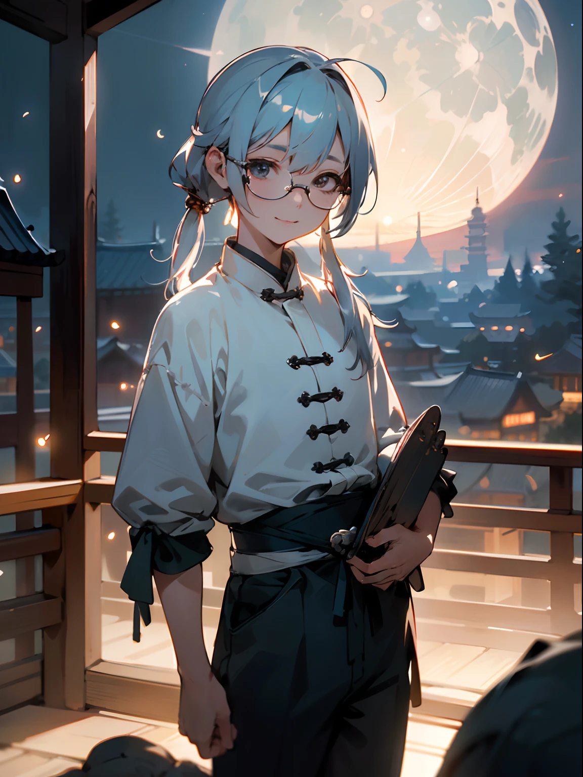 (Male child, eye glasses,Cowboy Shots,A smile, silber hair),(((​masterpiece)))、(((top-quality)))、((ultra-definition))、(High Definition CG Illustration)、((extremely delicate and beautiful))、Official Art、Ancient China、Ancient cityscape、（Lots of fireflies）、（natta）、（a moon）、A light、Beautiful Landscapes、Epic Landscapes、Realistic Light、​masterpiece、hightquality、graphics beautiful、high détails、globalillumination、Unreal Engine Rendering、octan render、（HDR：1.3）