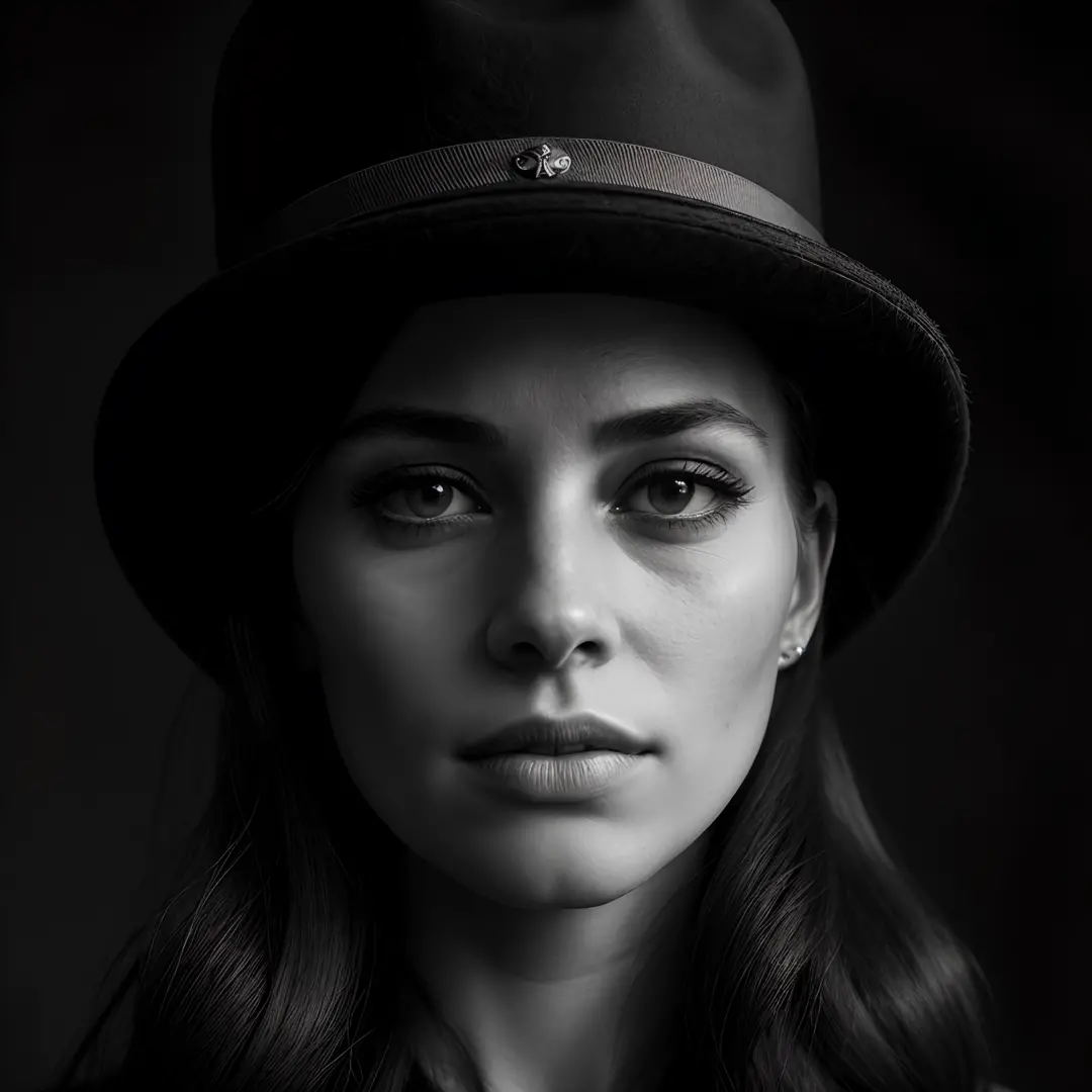 A black and white photo of a woman wearing a hat - SeaArt AI