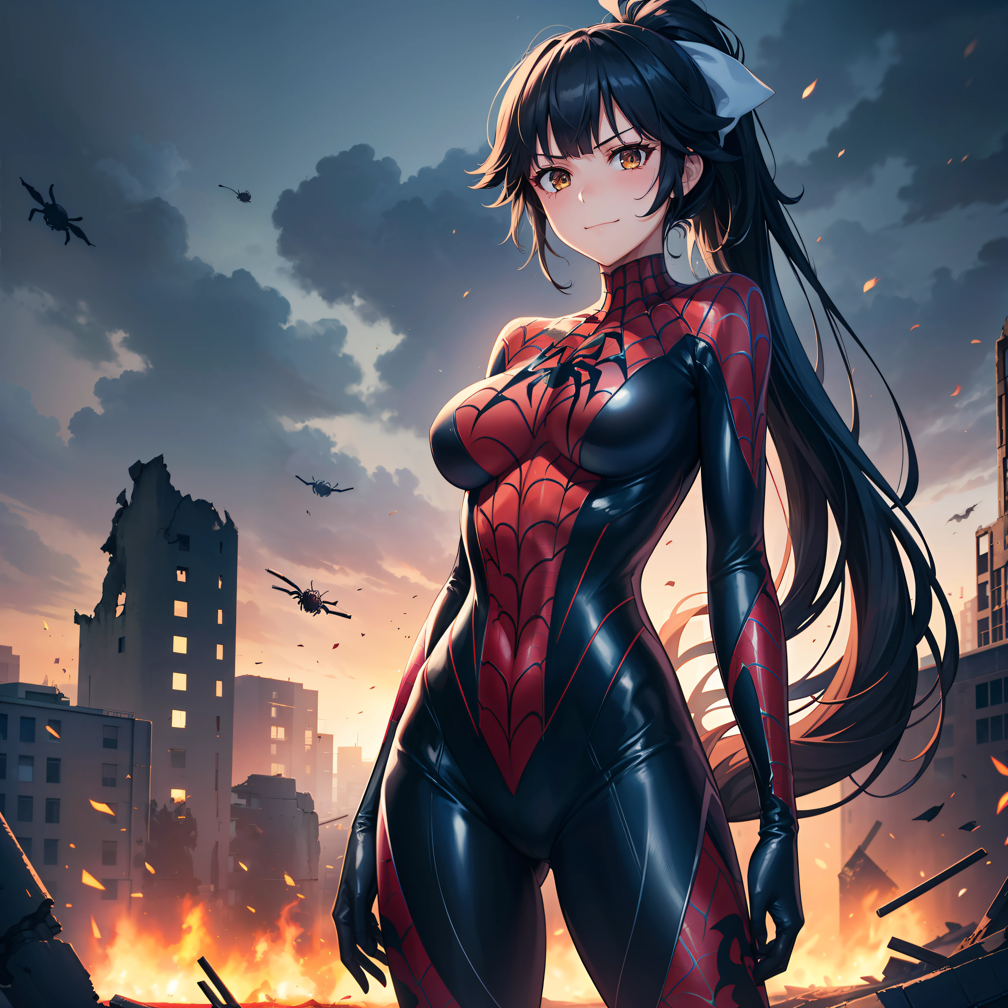 1girl,,big breasts,standing in ruined city,(8k),scratches,detailed face,black hair,brown eyes,very long hair,embarassed,small smile face,ponytail,hair, high_res, high_definition,the battlefield,battle pose,dark suit, (symbiote spider man Custome:1.1),