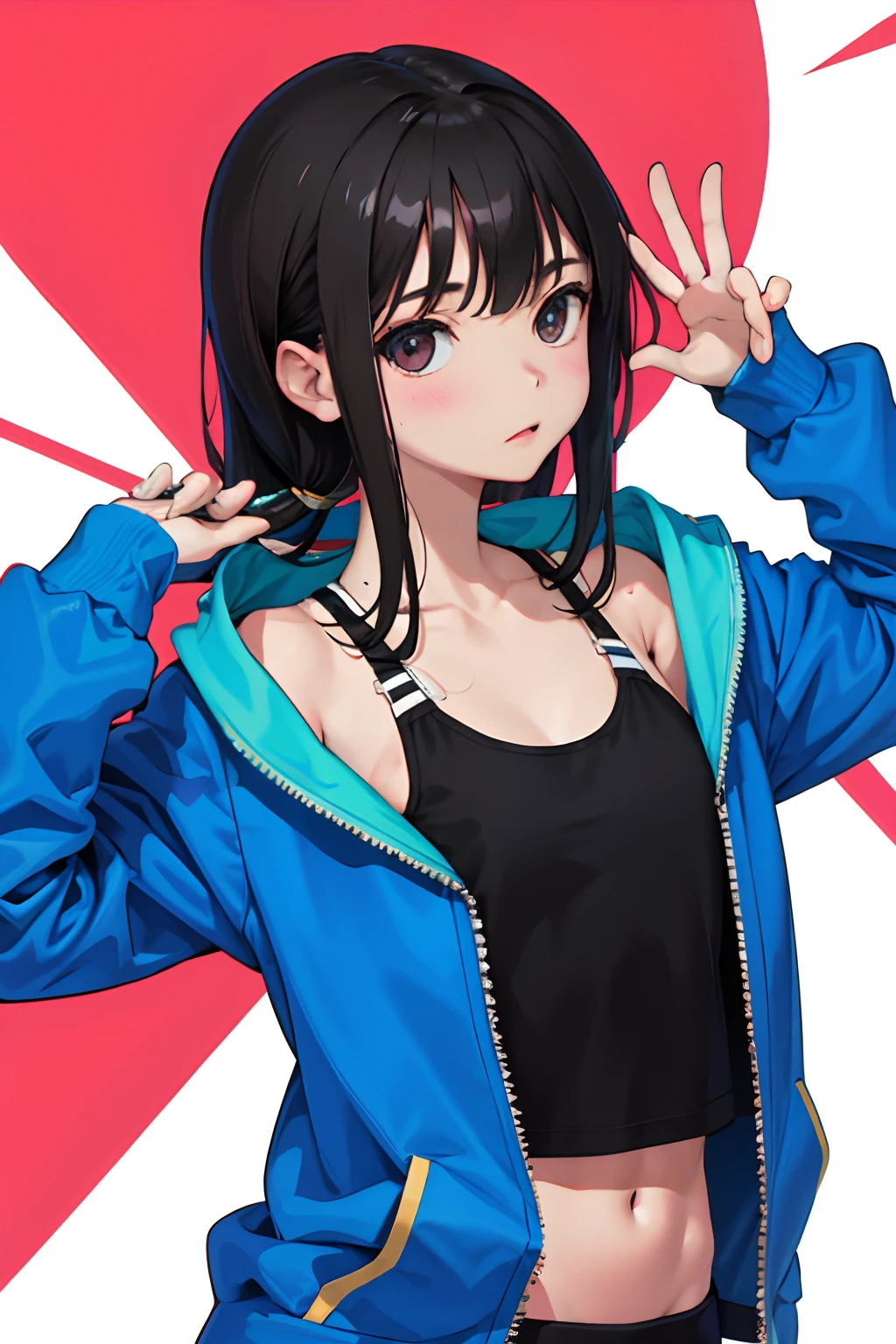 child，（​masterpiece，Highest Quality），Sportsbra，Zip Up，Lightweight hoodie，A dark-haired