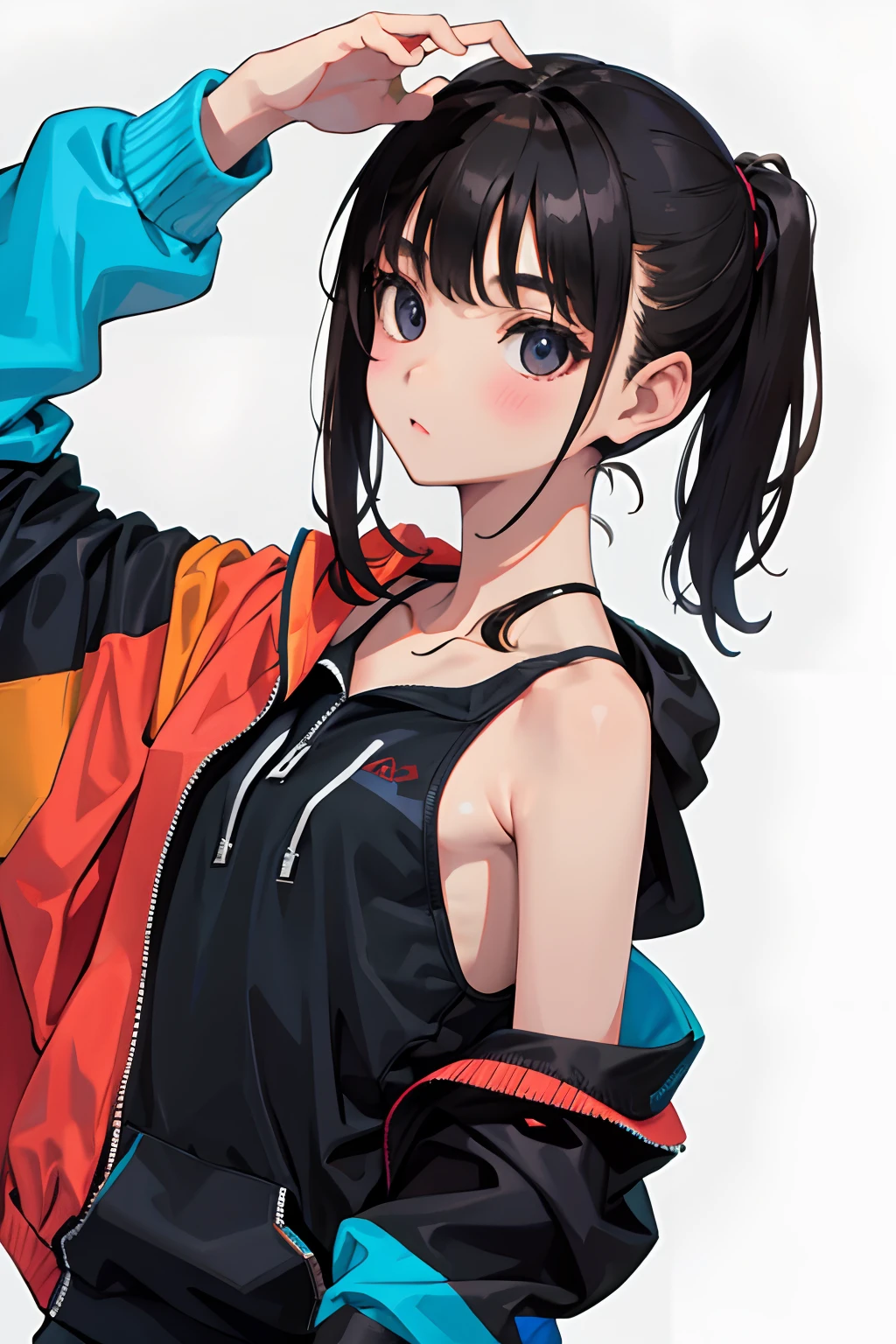 child，（​masterpiece，Highest Quality），Sportsbra，Zip Up，Lightweight hoodie，A dark-haired