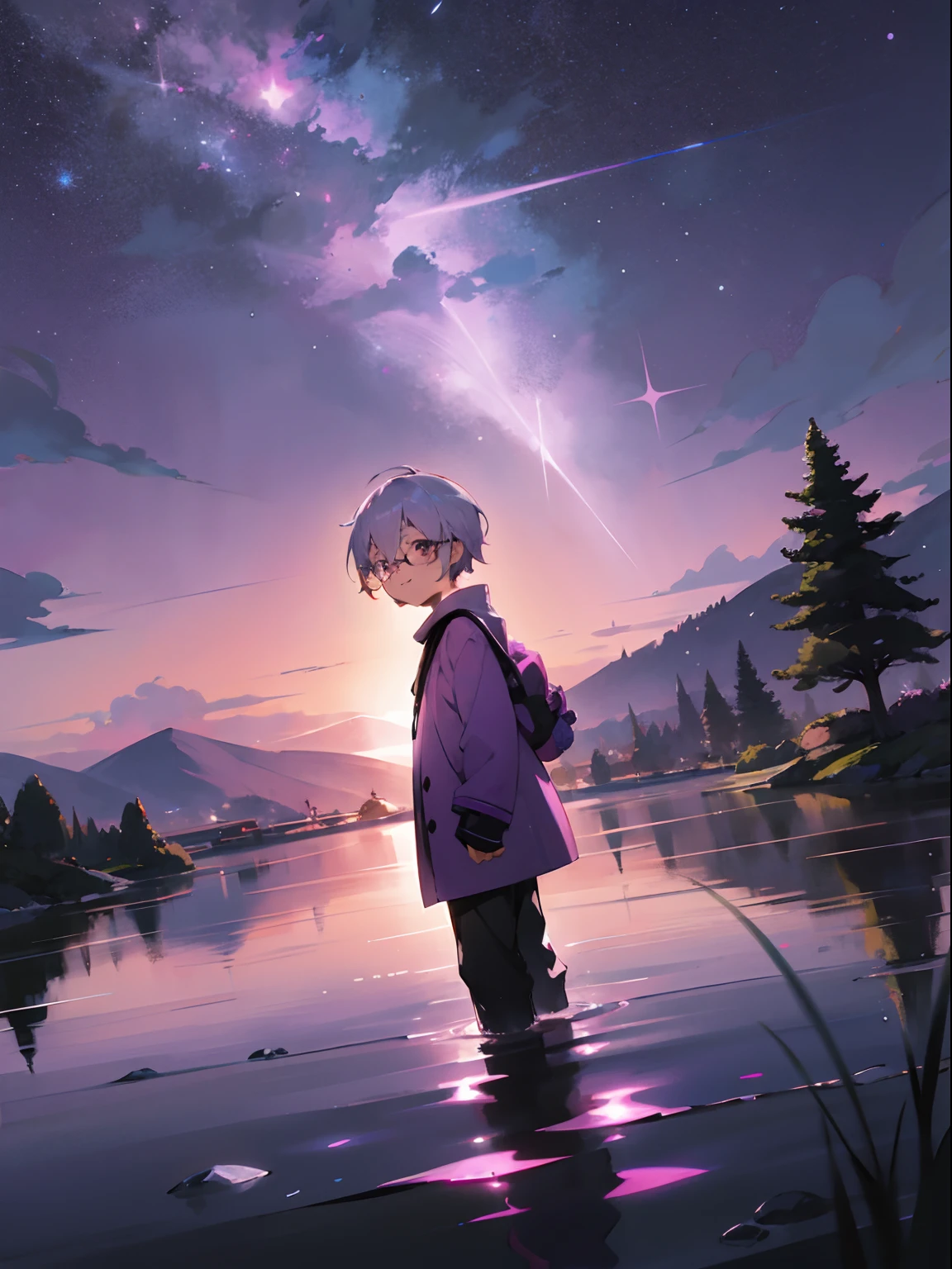 (Male child, Black glasses,A smile, silber hair),Anime Drawing、hightquality、Pink Purple Sky、Beautiful scenes)、 [Artistic atmosphere、Atmosphere:0.8、starrysky、A hill、snow mountains、Shining water、Grassy、The tree、fumo、stele、low angle of view、Specular scattering、