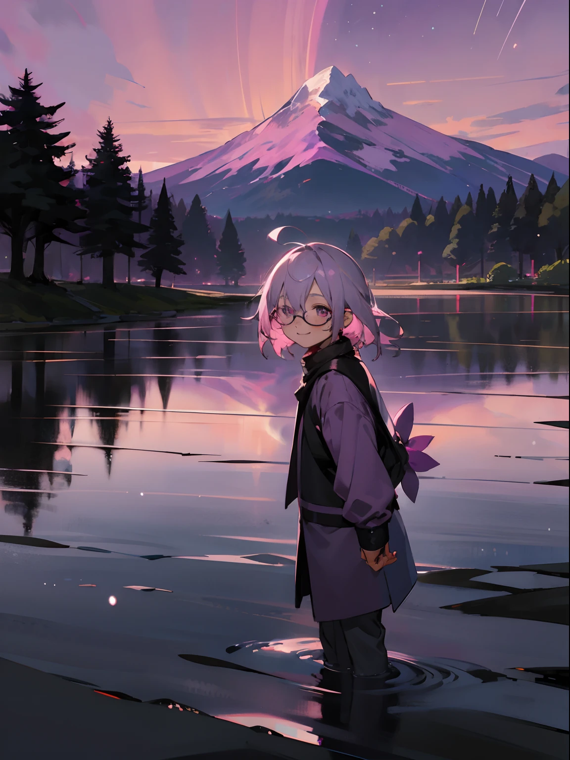 (Male child, Black glasses,A smile, silber hair),Anime Drawing、hightquality、Pink Purple Sky、Beautiful scenes)、 [Artistic atmosphere、Atmosphere:0.8、starrysky、A hill、snow mountains、Shining water、Grassy、The tree、fumo、stele、low angle of view、Specular scattering、