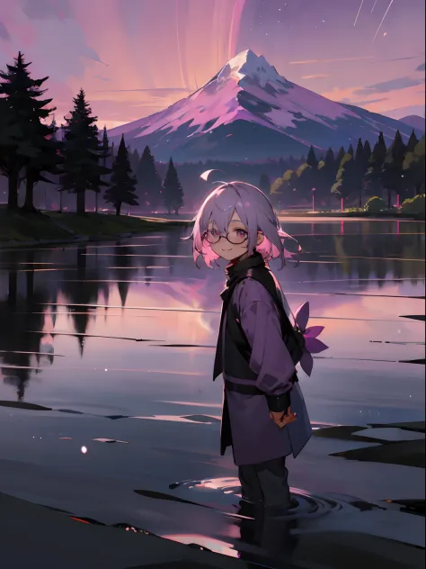 (male child, black glasses,a smile, silber hair),anime drawing、hightquality、pink purple sky、beautiful scenes)、 [artistic atmosph...