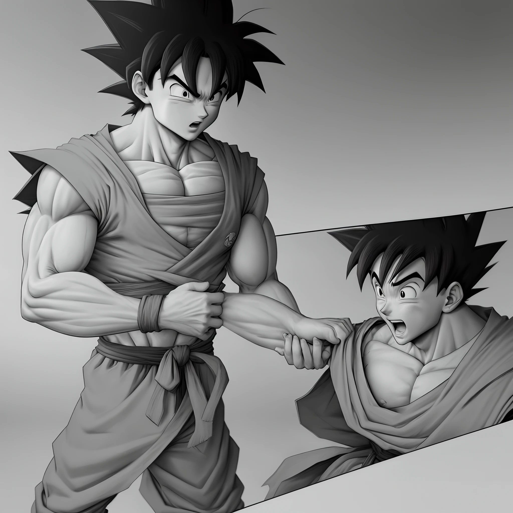 A black and white photo of two anime characters fighting - SeaArt AI