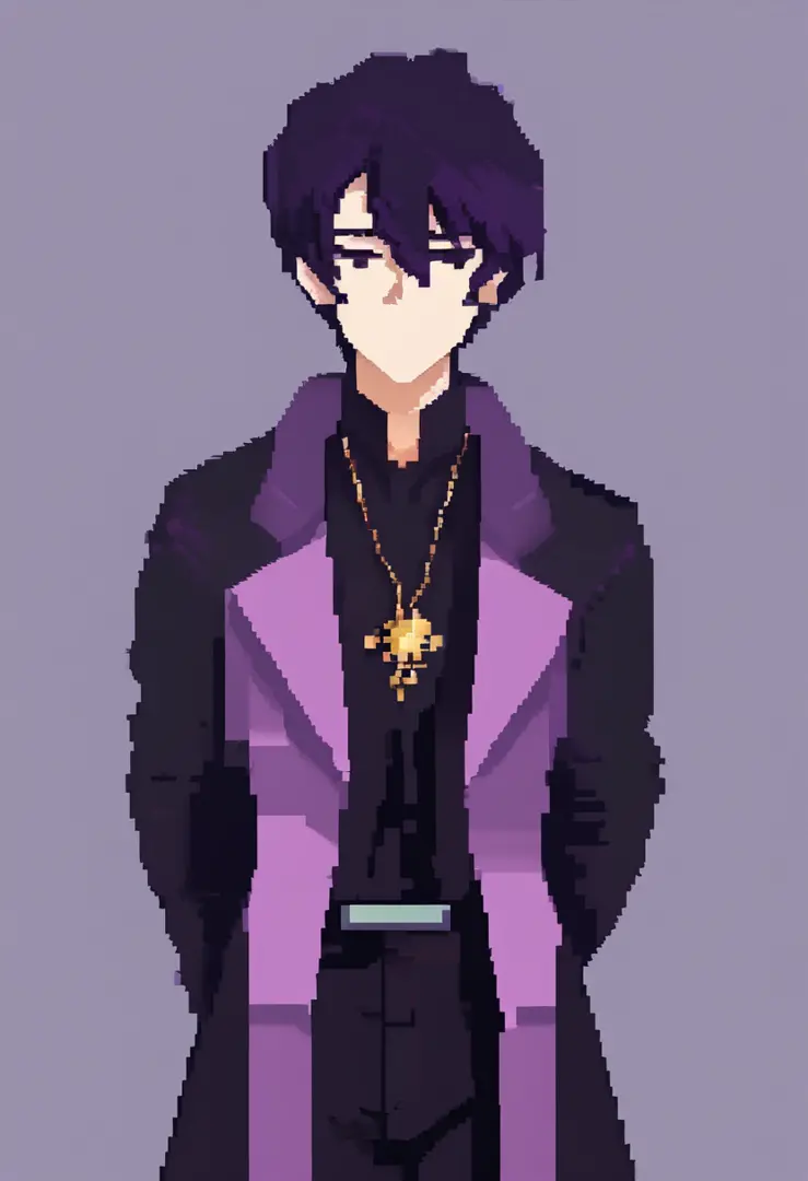Man with short straight black hair, eyes closed, beautiful, apathetic face, wearing a black coat with purple details, black fabric pants, black shoes, necklace with a single purple stone. 4khd,