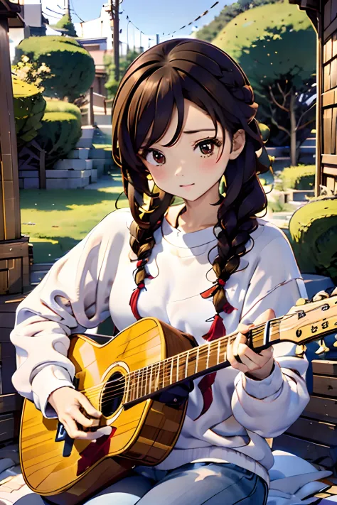 top-quality、masutepiece、8K，cute 18yo girl、Braid hair with brown hair tied、looking_away、Play on guitar、white sweatshirt、Old Denim、Sit down and play the guitar、Playing the guitar、Sing natural facial expressions、longshot、Natural light、Outdoor nights in downto...