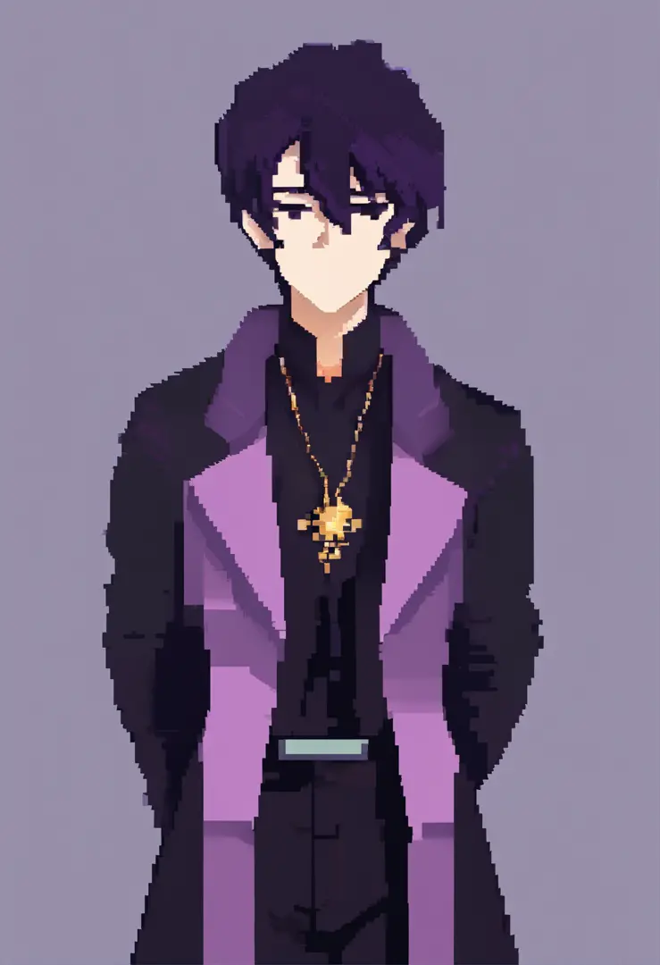 Man with short straight black hair, eyes closed, beautiful, apathetic face, wearing a black coat with purple details, black fabric pants, black shoes, necklace with a single purple stone. 4khd,