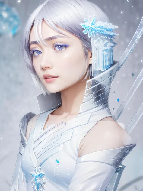 1girl, solo, short hair, hair ornament, hair between eyes, parted lips, looking at viewer, detached sleeves, ice particles, deta...