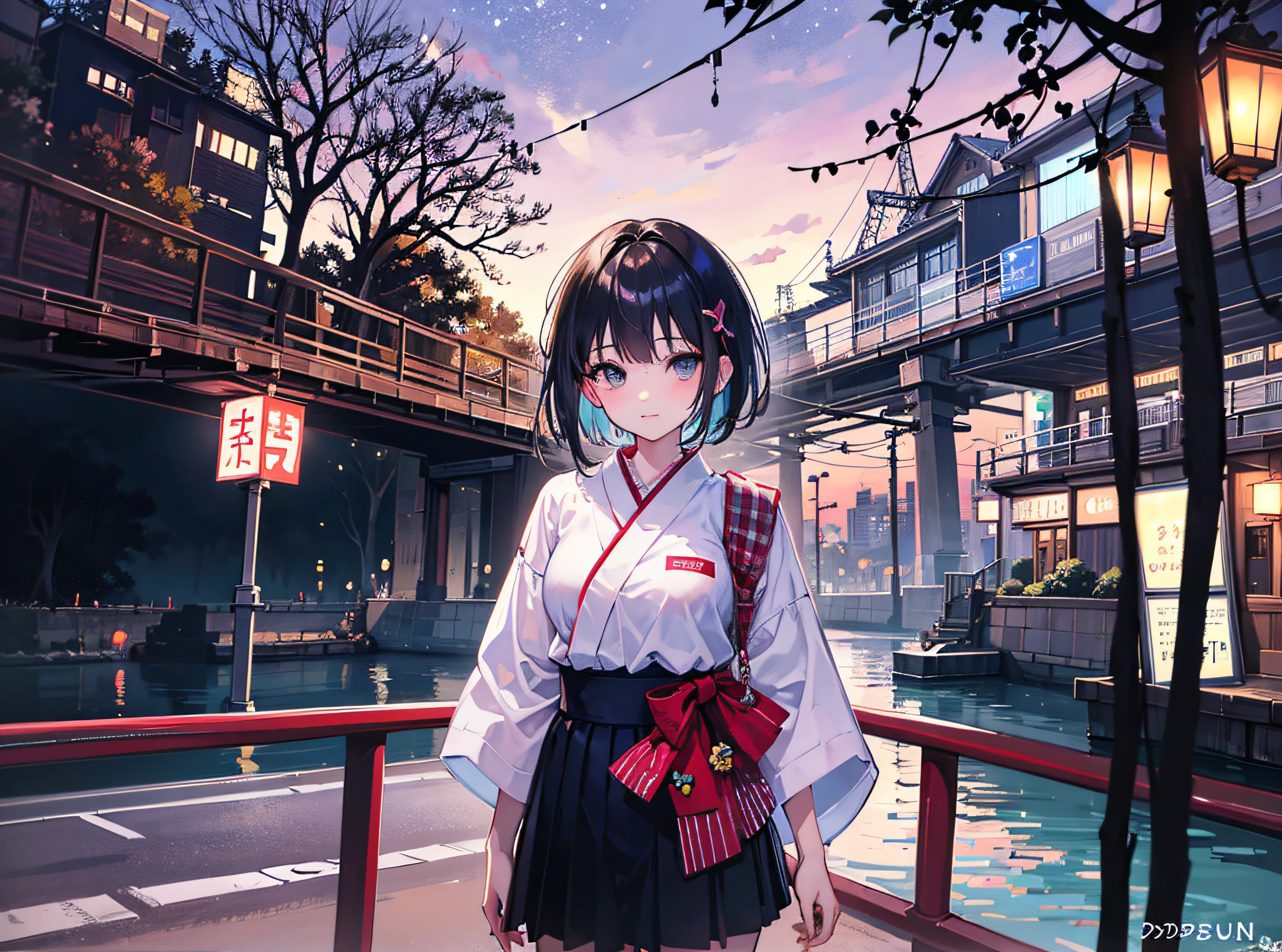 (Realistic painting style:1.0), Masterpiece, Best quality, absurderes, comic strip, illustration,
1 girl, medium hair, cute girl, young and cute girl, japanese girl, {Breasts}, 
a girl standing on a bridge with lights in the background, with short hair, in tokyo, in tokyo at night, in carnival, carnival,