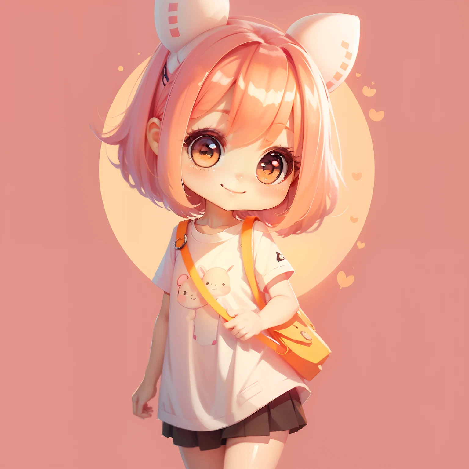 ​masterpiece、detaileds、Soft lighting、Cute smile、Pink T-shirt、a miniskirt、Rabbit eared girl with pink hair、Orange-eyed chibi、white backgrounid、simple background、