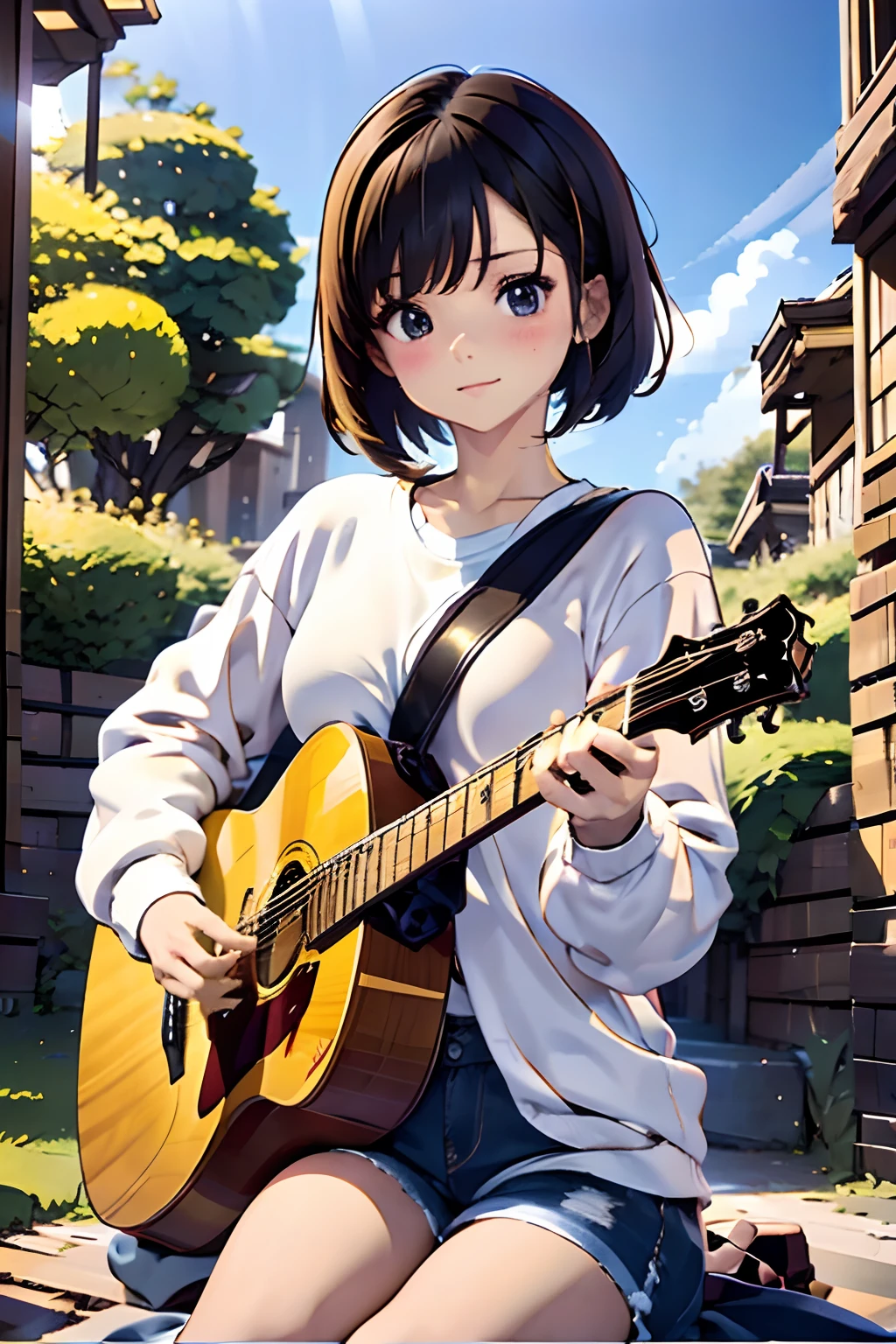 top-quality、masutepiece、8K，cute 18yo girl、brown haired、Short Bob、dishevled hair、up looking_Away、Play on guitar、white sweatshirt、Old Denim、Sit down and play the guitar、Playing the guitar、Sing natural facial expressions、longshot、Heaventown、Natural light、Outdoor nights in downtown、Playing the guitar、