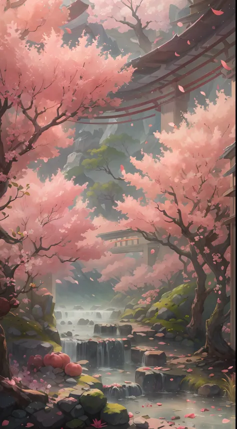 Original，（illustratio：1.1），（best qualtiy），（tmasterpiece：1.1），（the Extremely Detailed CG Unity 8K Wallpapers），（a color：1.2），Peach blossom tree，Peach blossom petals，scenecy，rios|Wagas，