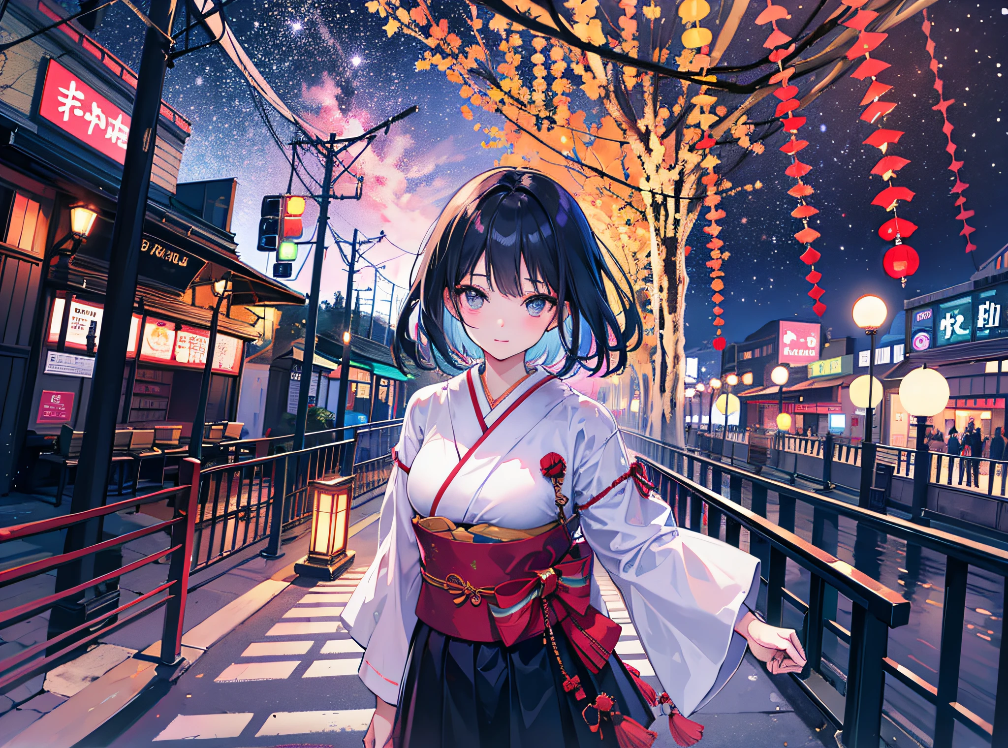 (Realistic painting style:1.0), Masterpiece, Best quality, absurderes, comic strip, illustration,
1 girl, medium hair, cute girl, young and cute girl, japanese girl, {Breasts}, 
a girl standing on a bridge with lights in the background, with short hair, in tokyo, in tokyo at night, in carnival, carnival, carnival during the Lantern Festival, Lantern Festival, at night, there are many lights in the sky