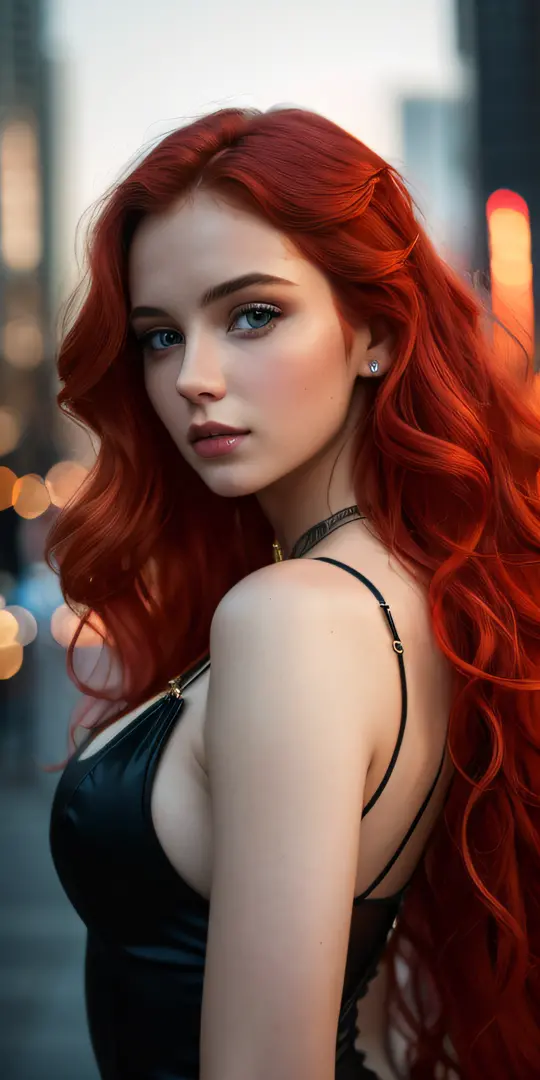 photo of a 25-year-old European girl, RAW, beautiful woman, (extra long wavy red hair), ((portrait)), ((detailed face: 1.2)), ((detailed facial features)), (finely detailed skin), pale skin, highly detailed deep neckline cyberpunk dress, megacity environme...