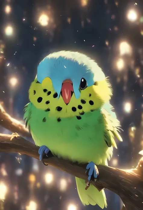 Singing budgie with blue feathers, Round and cute black eyes, And ...