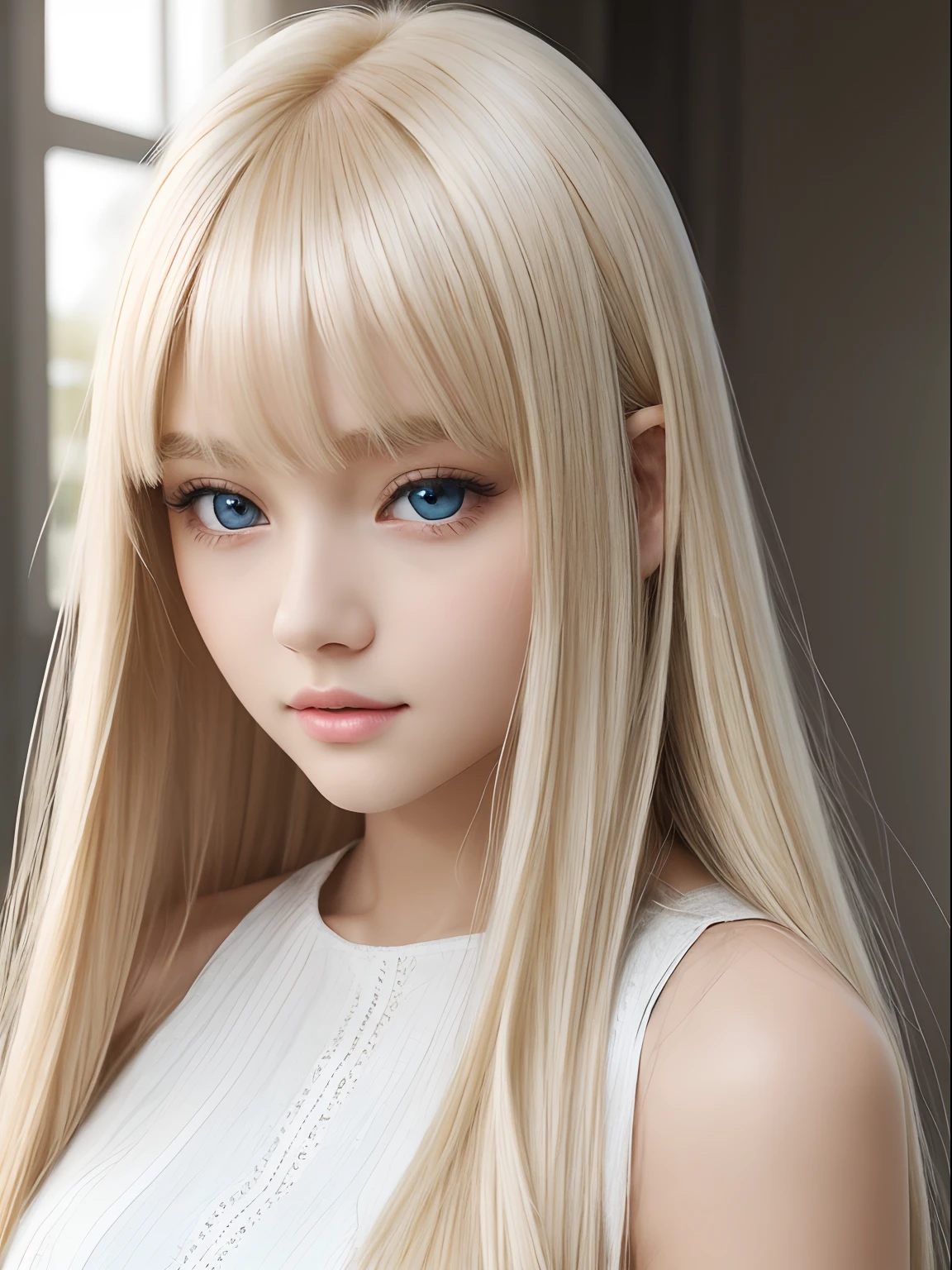 beautiful skin with white luster、Blonde hair color changing with light、Long bangs block the view、Highlights of cheek luster、Sexy and very beautiful nice cute gorgeous face、The most beautiful face in the world、Super Long Gorgeous Spare Blonde Hair、Smooth straight hair、Big, Shining light blue eyes、Beautiful bangs、Beautiful cute girl at 16 years old