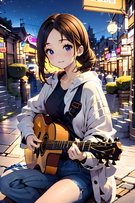 top-quality、masutepiece、8K，cute 18yo girl、brown haired、a short bob、dishevled hair、looking_away、up looking_Away、Playing on guitar...