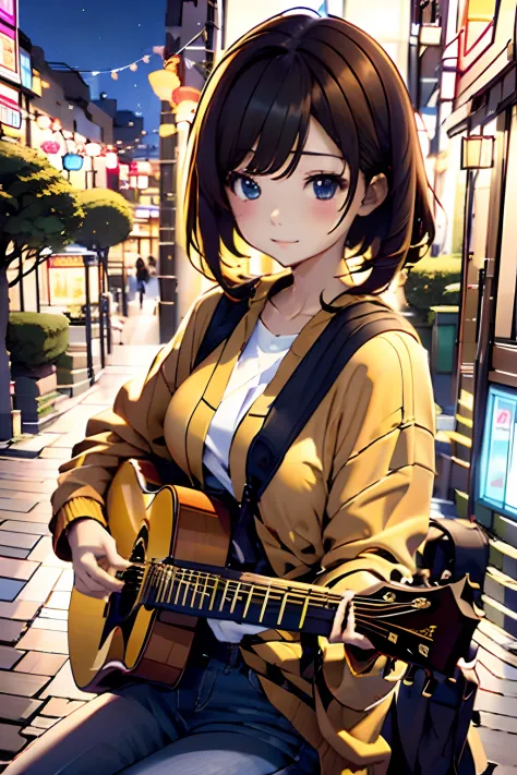 top-quality、masutepiece、8K，cute 18yo girl、brown haired、a short bob、dishevled hair、looking_away、up looking_Away、Playing on guitar、Orange hoodie、Old Denim、Sit down and play the guitar、Playing the guitar、Sing natural facial expressions、longshot、Heaventown、Nig...