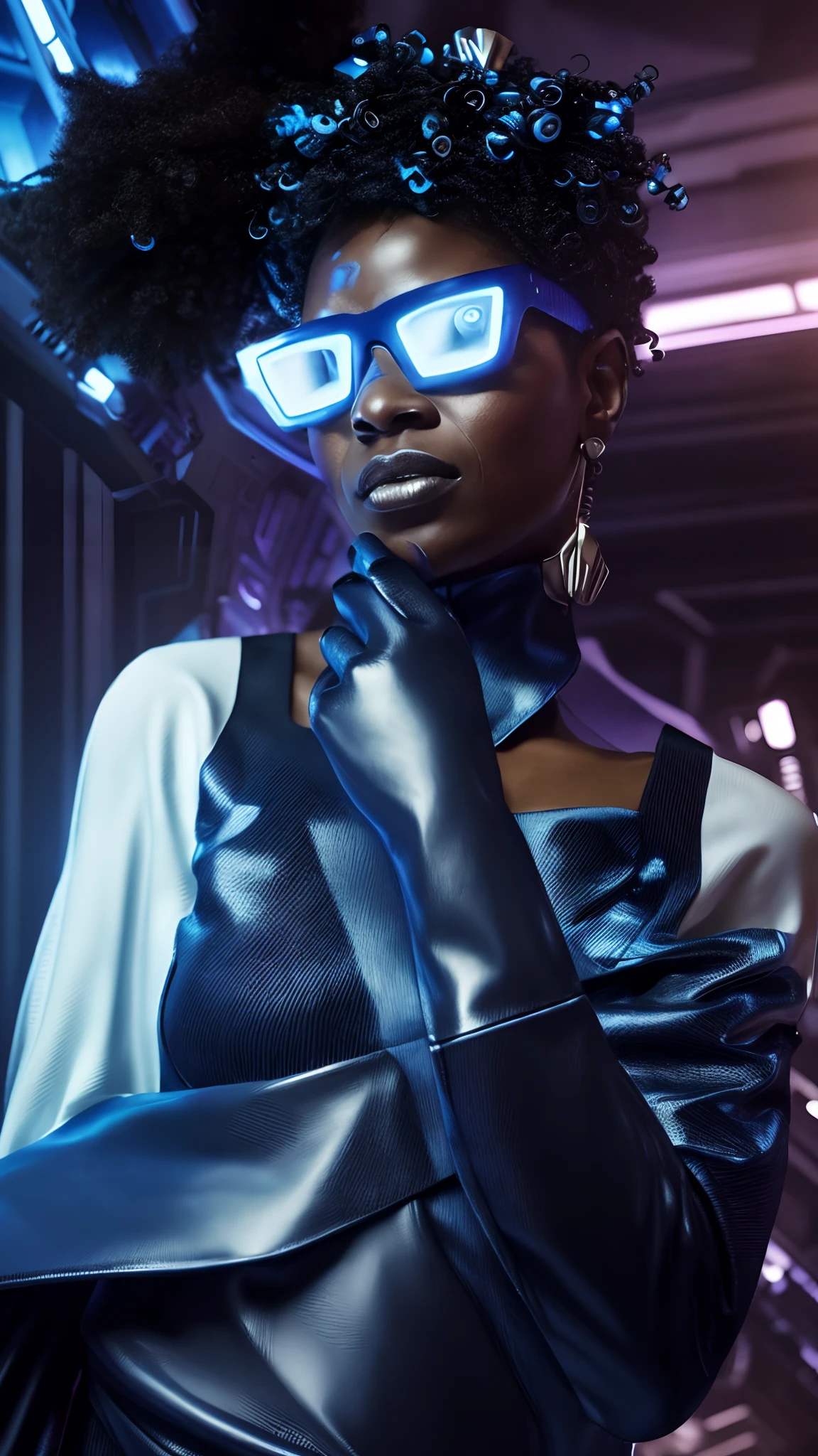 Afrofuturismus, eine hellhäutige Frau, die eine dunkelblaue afrofuturistische Stammeskleidung trägt, glattes Haar, Cyberpunk-Stadt im Hintergrund, Ultra-Qualität, komplizierte Details, weißer Hautton