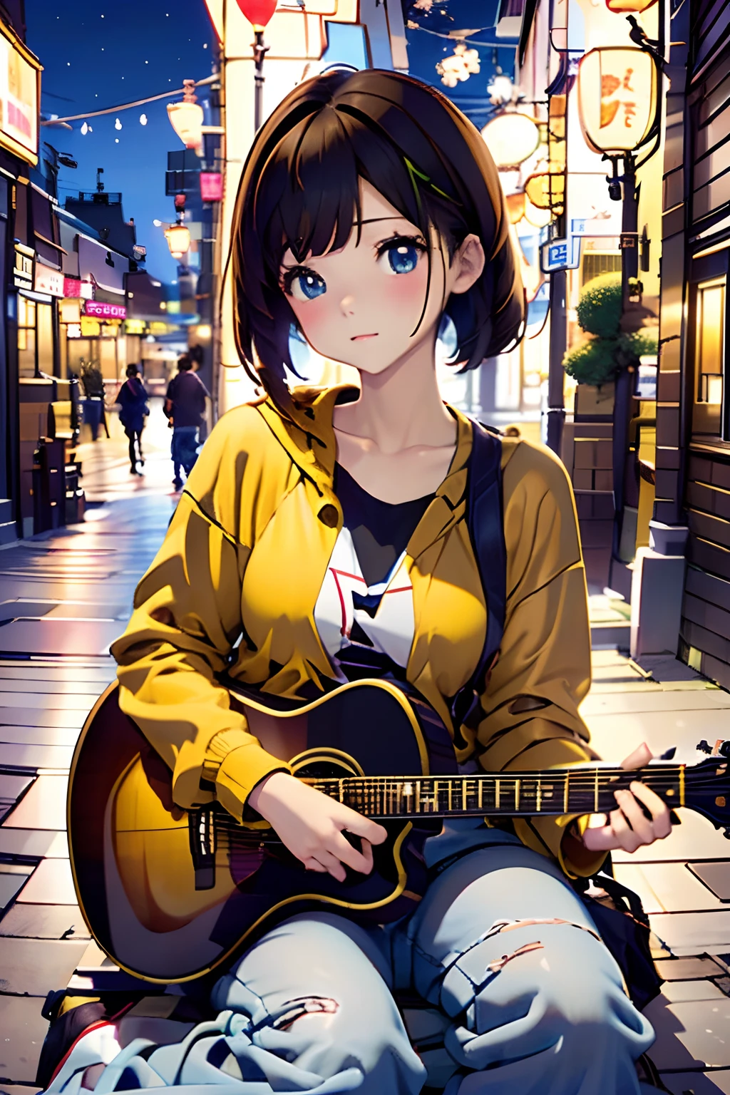 top-quality、masutepiece、8K，parfect anatomy、cute 18yo girl、brown haired、a short bob、dishevled hair、(((up looking_Away:1.2、up looking_Away)))、Play on guitar、Orange Hoodie、Old Denim、(((Sit down and play the guitar、Playing the guitar)))、Sing natural facial expressions、longshot、Heaventown、Night、Neon Street、Night、Natural light、Outdoor nights in downtown、Playing the guitar、