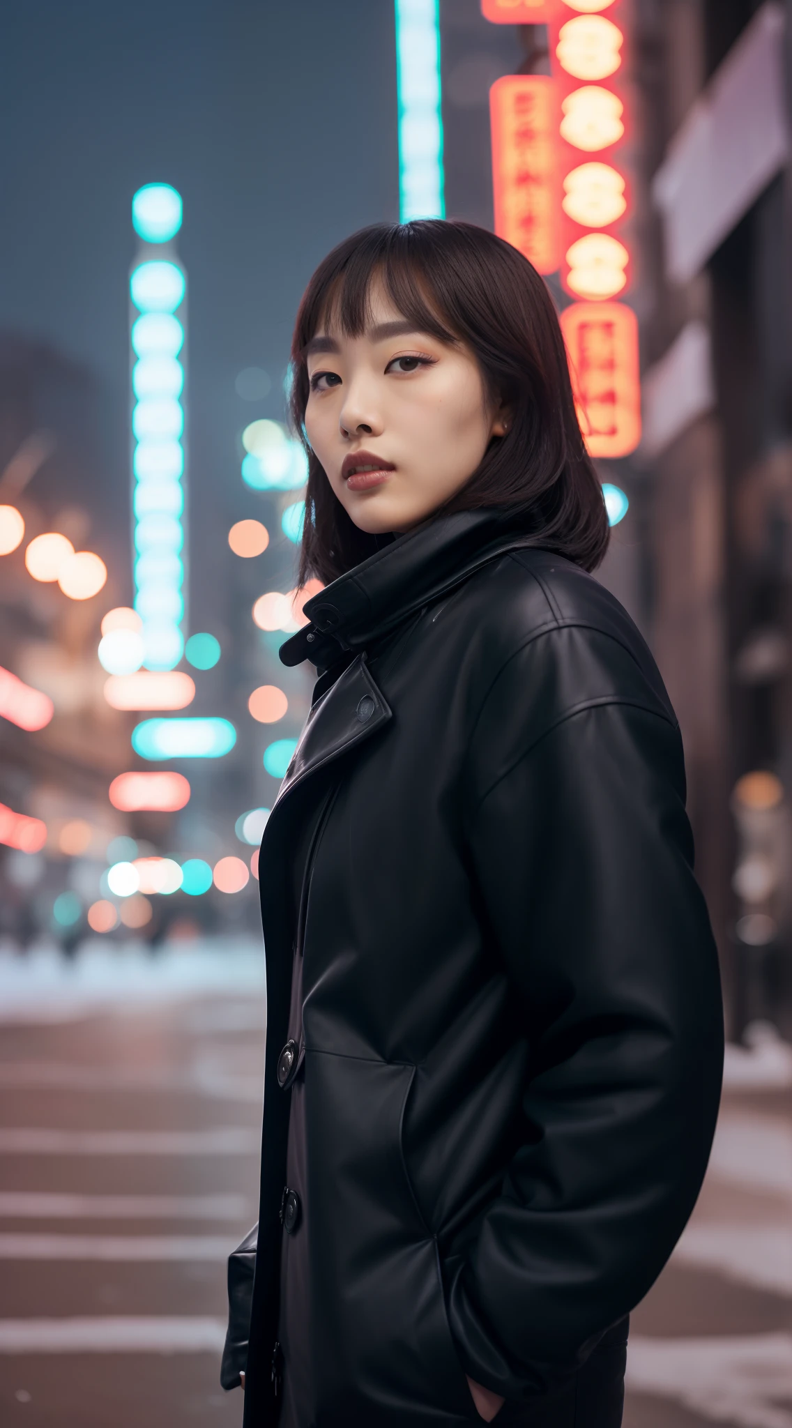 Selfie, street shooting, lens blur, cinematic sense, hyper-realism, movie lighting effects, loneliness of people coming and going, (RAW photo:1.2), (hyper-realistic:1.4), miss liu yi fei, cowboy shot, beautiful detailed female, high resolution, very detailed, best quality, unified 8k wallpaper, cinematic lighting, Slender perfect figure, padded jacket, black turtle neck, leader pants, wearing leather gloves, Korean style makeup, healthy, face perfect, beautiful skin, Chinese beauties, snow background