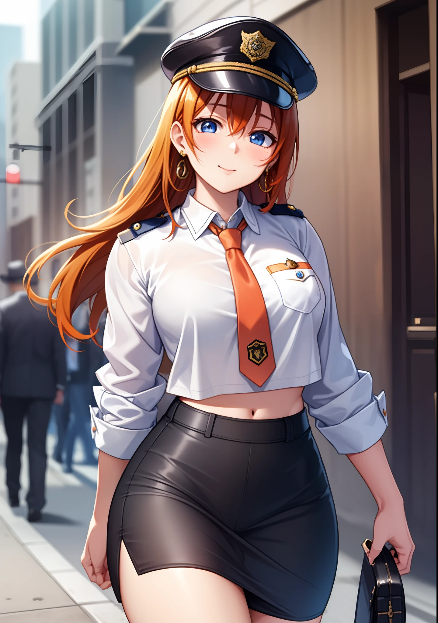 Masterpiece, best quality, detailed face, cowboy shot, kousaka honoka, blue eyes, orange hair, white shirt,half sleeves,earrings, impossible clothes, tight white low pencil skirt, midriff, necktie,  police cap,in street,looking at viewer, sexy pose