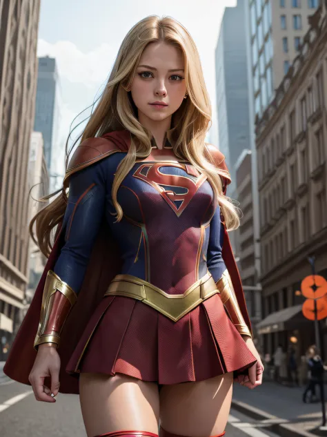 1girl in、Melissa Benoist - SMF、blondehair、Superhero、Long hair、Beautiful lips、Outer Armor、body suit、Red skirt、long boots、red foot...