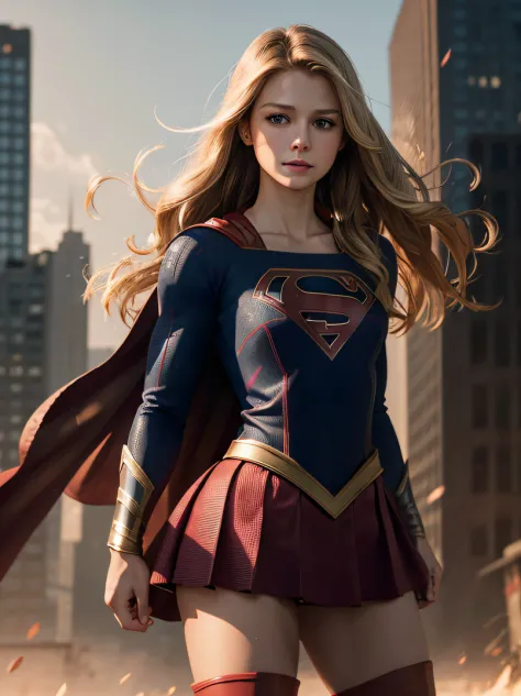 1girl in、Melissa Benoist - SMF、blondehair、Superhero、Long hair、Beautiful lips、Outer Armor、body suit、Red skirt、long boots、red foot...