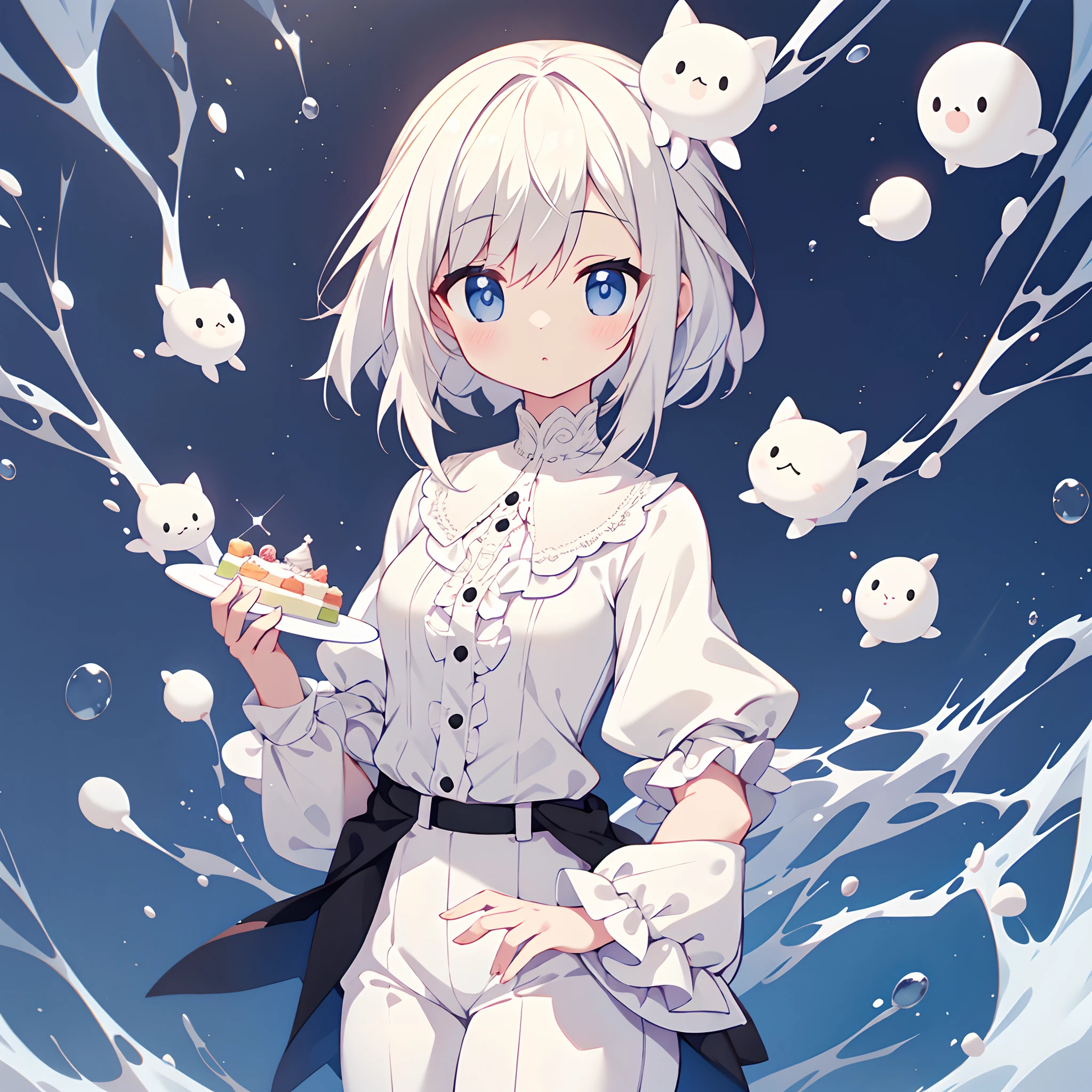 Front photography girl holding a cake in hand white bubble short sleeve shirt white doll collar white lace high neck，Black shorts suit pants，