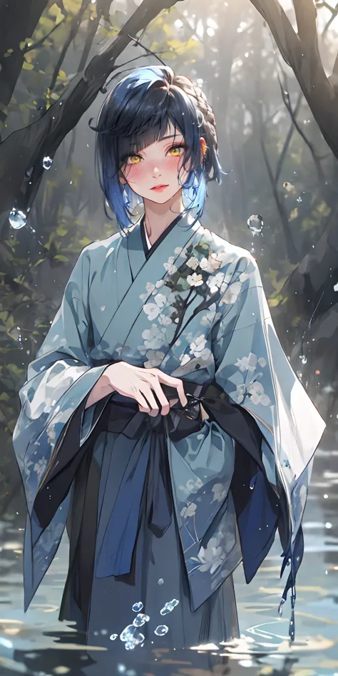 yelan_genshin, (blue hair:1.4), multicolored hair, short hair, green eyes, long hair, japanese_clothes, solo, nature, 1boy, bangs, outdoors, standing, forest, looking_at_viewer, water, blurry, male_focus, tree, wide_sleeves, hakama, blurry_foreground, wate...
