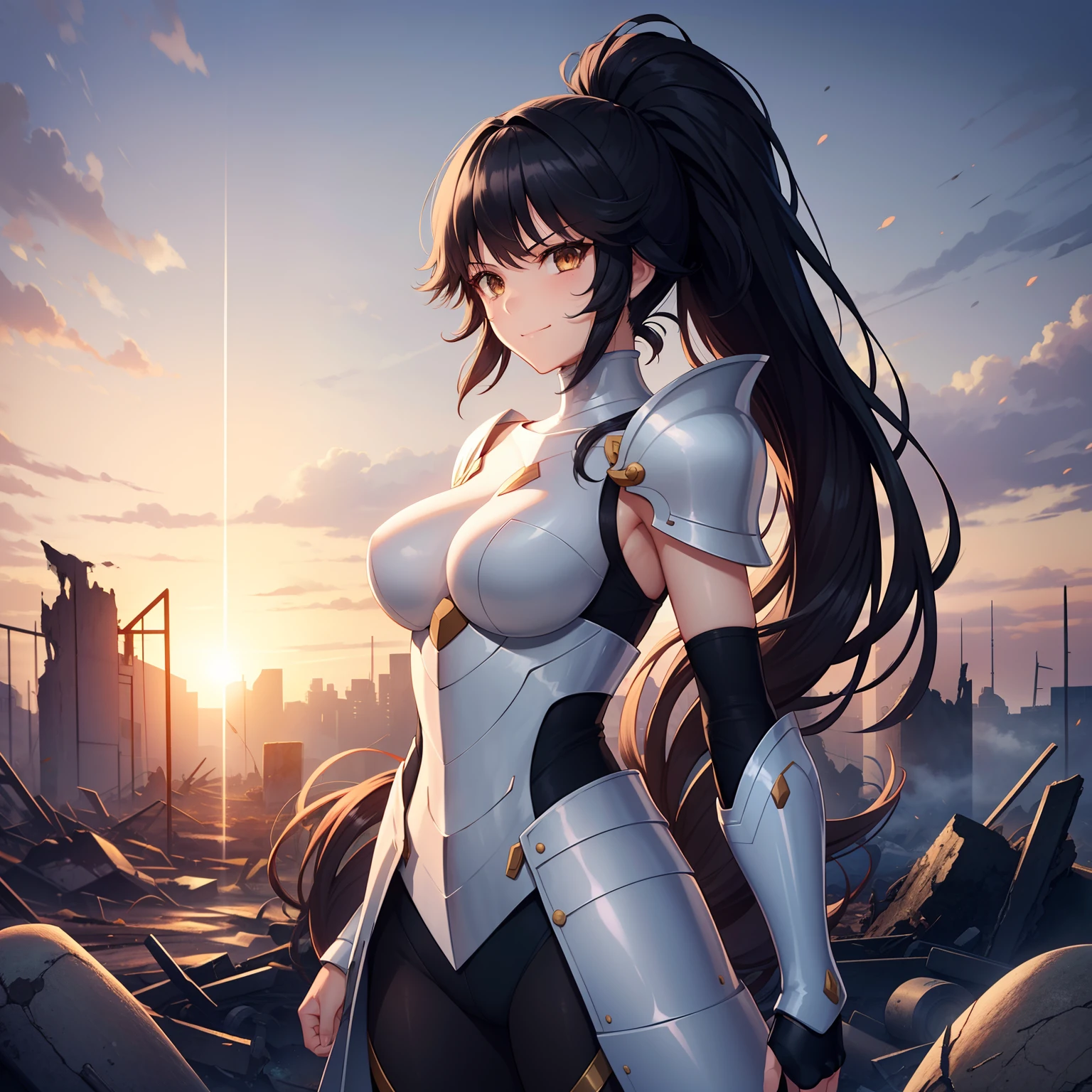 1girl,,big breasts,standing in ruined city,(8k),scratches,detailed face,black hair,brown eyes,very long hair,embarassed,small smile face,ponytail,hair, high_res, high_definition,the battlefield,battle pose,armor, (Saint seiya Custome:1.1),