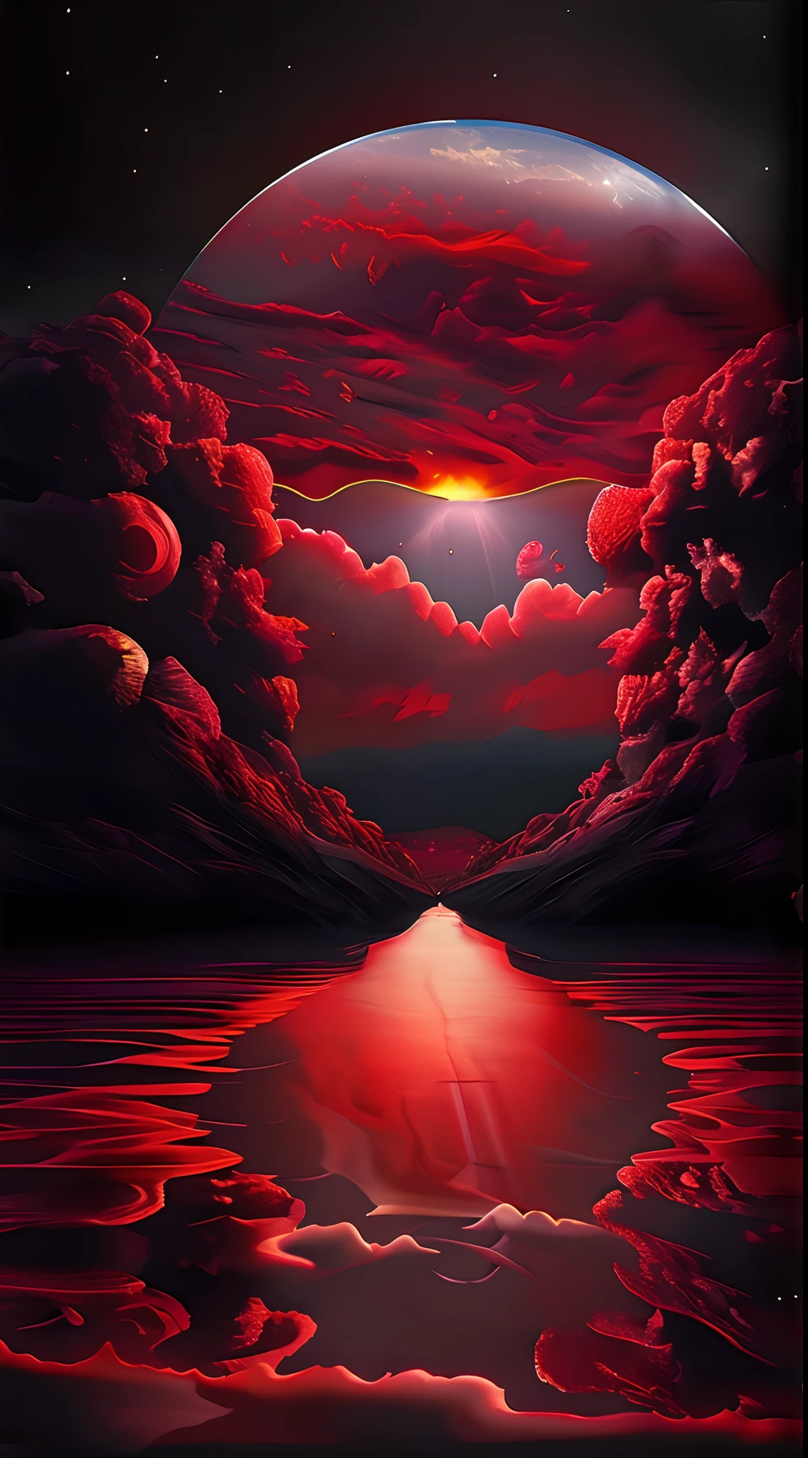 "A masterpiece of surrealism. Superior quality. Surprising detail. Surreal CG rendering，The crimson moon rises over the tranquil lake surrounded by red clouds, Autoiluminado, Large areas of clouds and fog in bright tones, celestial lighting, Space Lighting, Experience the fusion of abstract and realistic elements. Cores vibrantes e contrastantes. mystical ambiance. Surrealist techniques in the representation of objects and figures. Organic textures and shapes. Fantastic inspiration. Surprising composition and perspective. Enter a surreal world full of surprises and emotions."