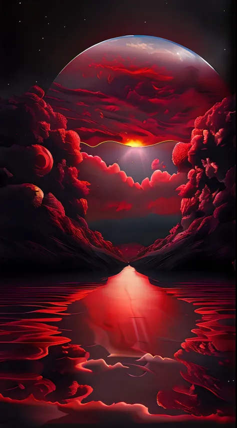 "A masterpiece of surrealism. Superior quality. Surprising detail. Surreal CG rendering，The crimson moon rises over the tranquil lake surrounded by red clouds, Autoiluminado, Large areas of clouds and fog in bright tones, celestial lighting, Space Lighting...