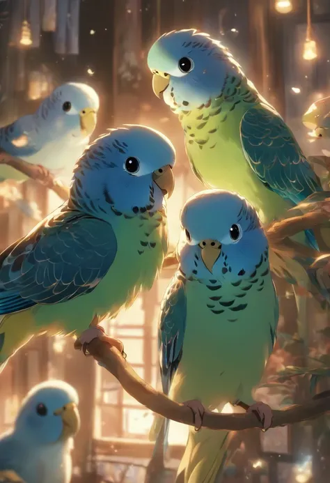 Singing budgie with blue feathers, Round and cute black eyes, And ...