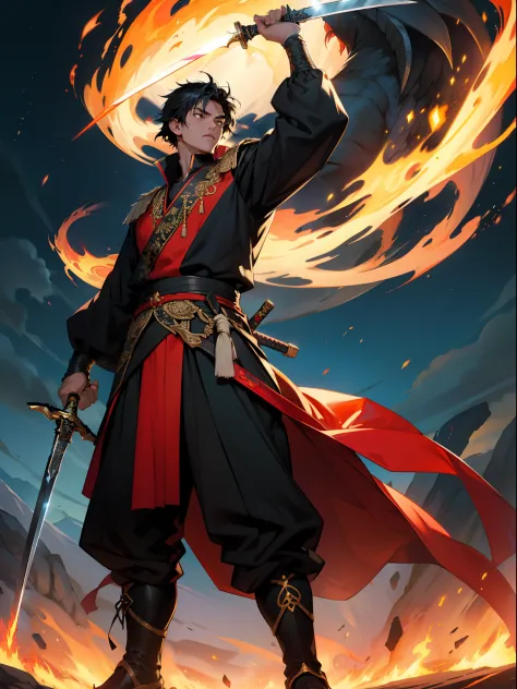 High resolution, Highest Quality, of a guy，Douluo Continent costume，Black hair，Mighty，standing on your feet，nigth，front, cool, have a sword, in fire