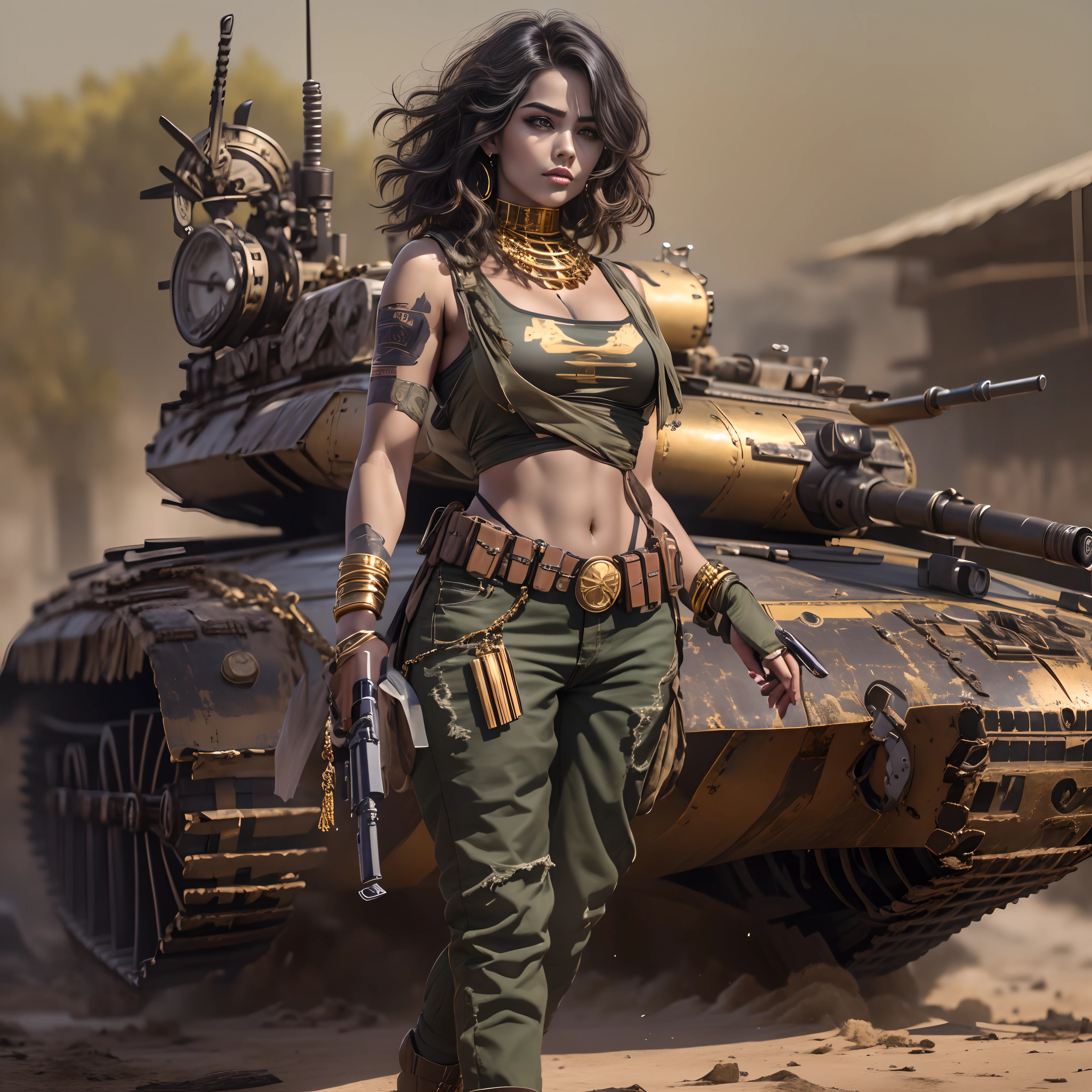 Generar una imagen del personaje Mara., también conocido como &#39;Mara Death Dealer&#39;, del juego Call of Duty: Guerra moderna: cuerpo entero, fisonomía cruel, ((Nuevo)) pendientes grandes, pulsera collar, anillos, reloj de oro, en la playa, atardecer, palmeras, cuerpo escultural, pelo que fluye, ((ametralladoras, Armas, fusil , Granadas, accesorios de oro)) parado en un ((Tanque de batalla ruso T-14 Armata))