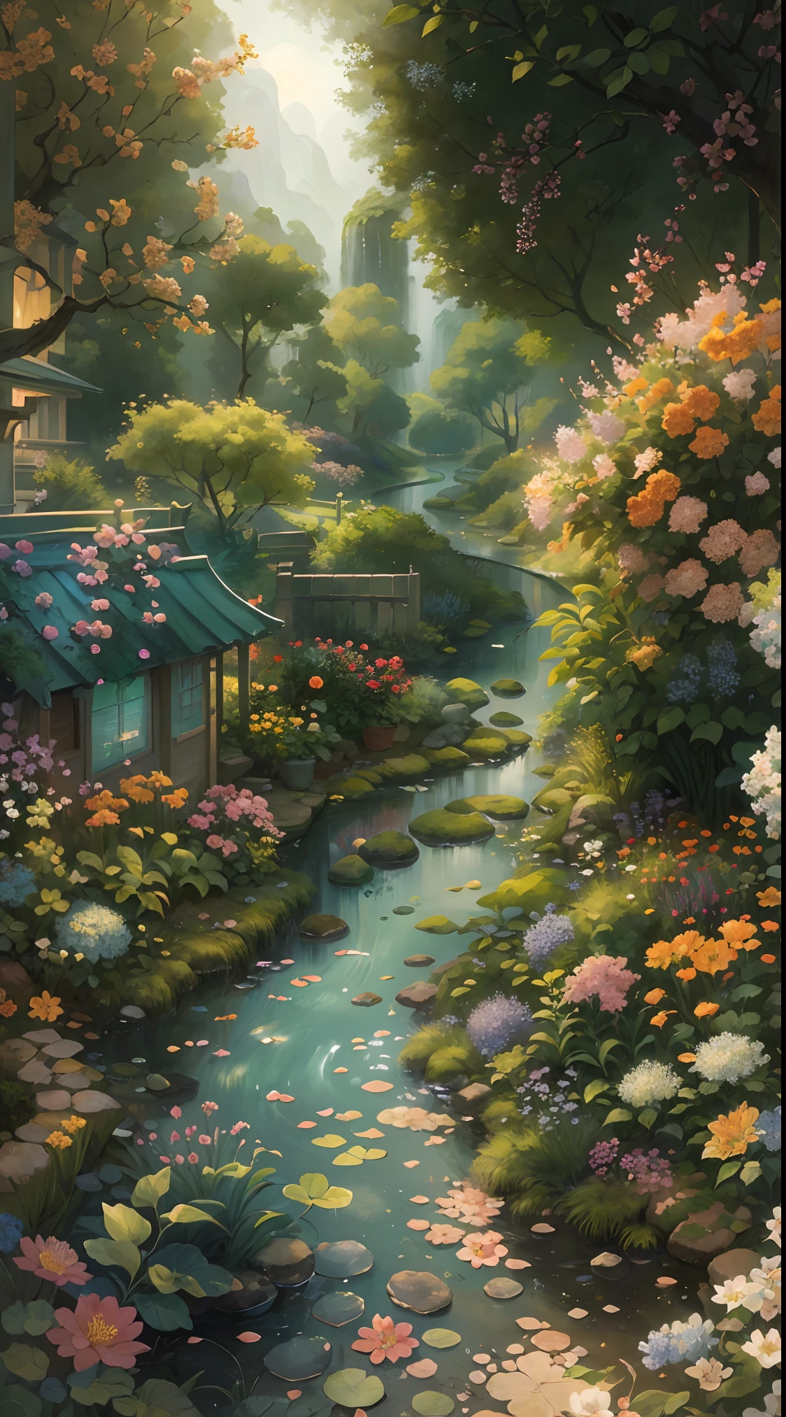 (best quality,4k,8k,highres,masterpiece:1.2),ultra-detailed,(realistic,photorealistic,photo-realistic:1.37),bright colors,beautiful garden,vibrant flowers,detailed petals,serene landscape,meandering river,winding road,professional,sharp focus,physically-based rendering,fine art,new perspective,immersive experience,playful atmosphere,harmonious composition,creative interpretation,elegant aesthetic,picturesque scenery,lush greenery,delicate brushwork,layered textures,vivid color palette,soft sunlight,subtle shadows,captivating beauty,peaceful ambiance,masterful craftsmanship,tranquil atmosphere,calming presence,refreshing vibes,serenity in nature,breathtaking view,ethereal charm,dynamic elements,invigorating energy,natural splendor,wondrous sight,soothing tranquility,alluring details,enchanting allure,whimsical touches,dreamlike qualities,aesthetic harmony.