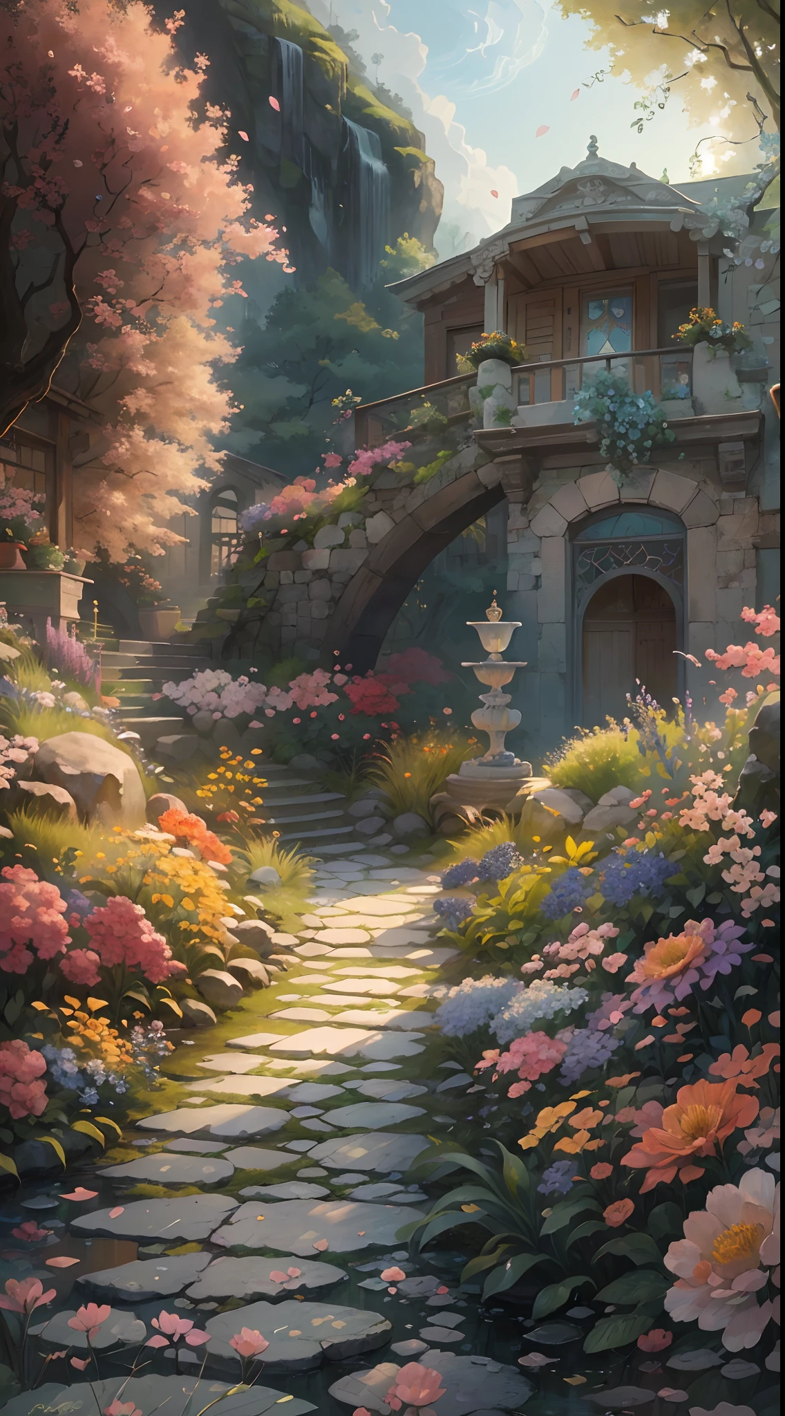 (best quality,4k,8k,highres,masterpiece:1.2),ultra-detailed,(realistic,photorealistic,photo-realistic:1.37),bright colors,beautiful garden,vibrant flowers,detailed petals,serene landscape,meandering river,winding road,professional,sharp focus,physically-based rendering,fine art,new perspective,immersive experience,playful atmosphere,harmonious composition,creative interpretation,elegant aesthetic,picturesque scenery,lush greenery,delicate brushwork,layered textures,vivid color palette,soft sunlight,subtle shadows,captivating beauty,peaceful ambiance,masterful craftsmanship,tranquil atmosphere,calming presence,refreshing vibes,serenity in nature,breathtaking view,ethereal charm,dynamic elements,invigorating energy,natural splendor,wondrous sight,soothing tranquility,alluring details,enchanting allure,whimsical touches,dreamlike qualities,aesthetic harmony.