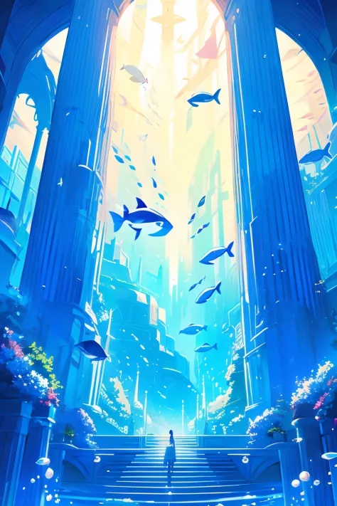 hdsj, blue themes, pillar, long hair, black hair, solo, scenery, column, bubble, 1boys, fish，underwater