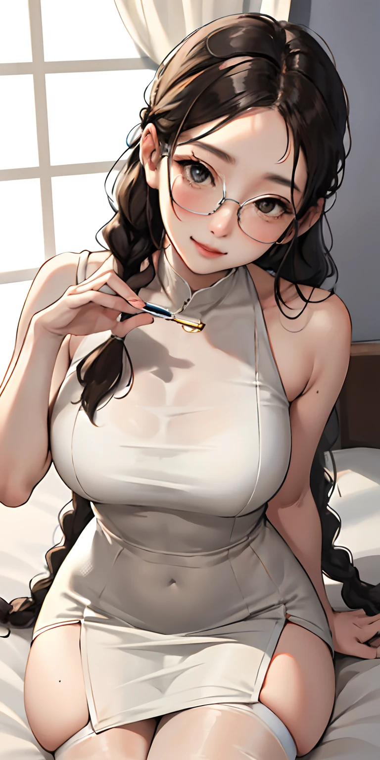 realisticlying、Face Real、Real 18 year old girl with braided hair、Close up of beige thin fabric tight fit long dress looking up from right under glasses、A sexy、thicken the thighs a little、、Sexy Posing、Smile、girls bedroom